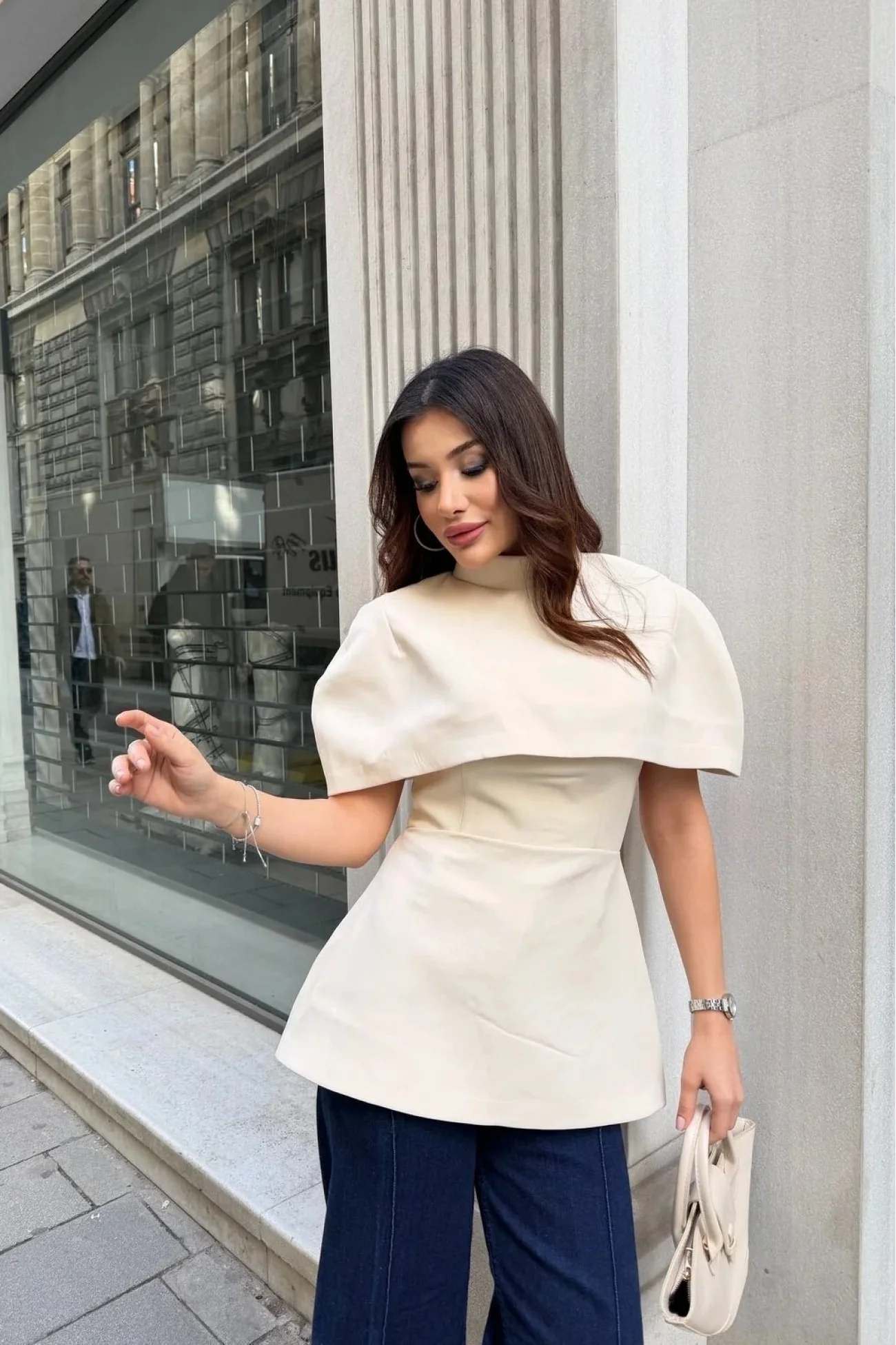 Kadın Krem Pelerin Detay İki Parça Bluz 0331