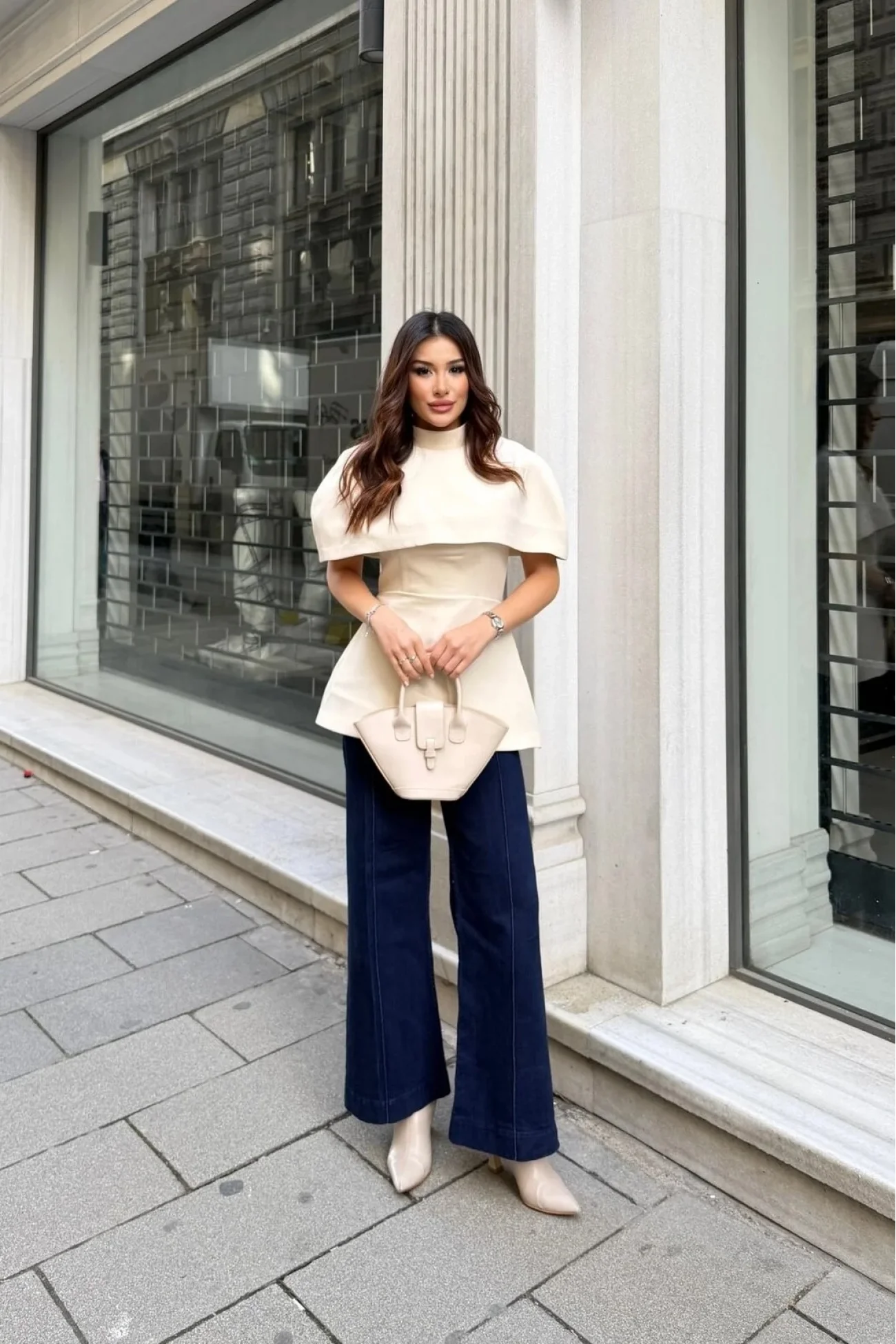 Kadın Krem Pelerin Detay İki Parça Bluz 0331