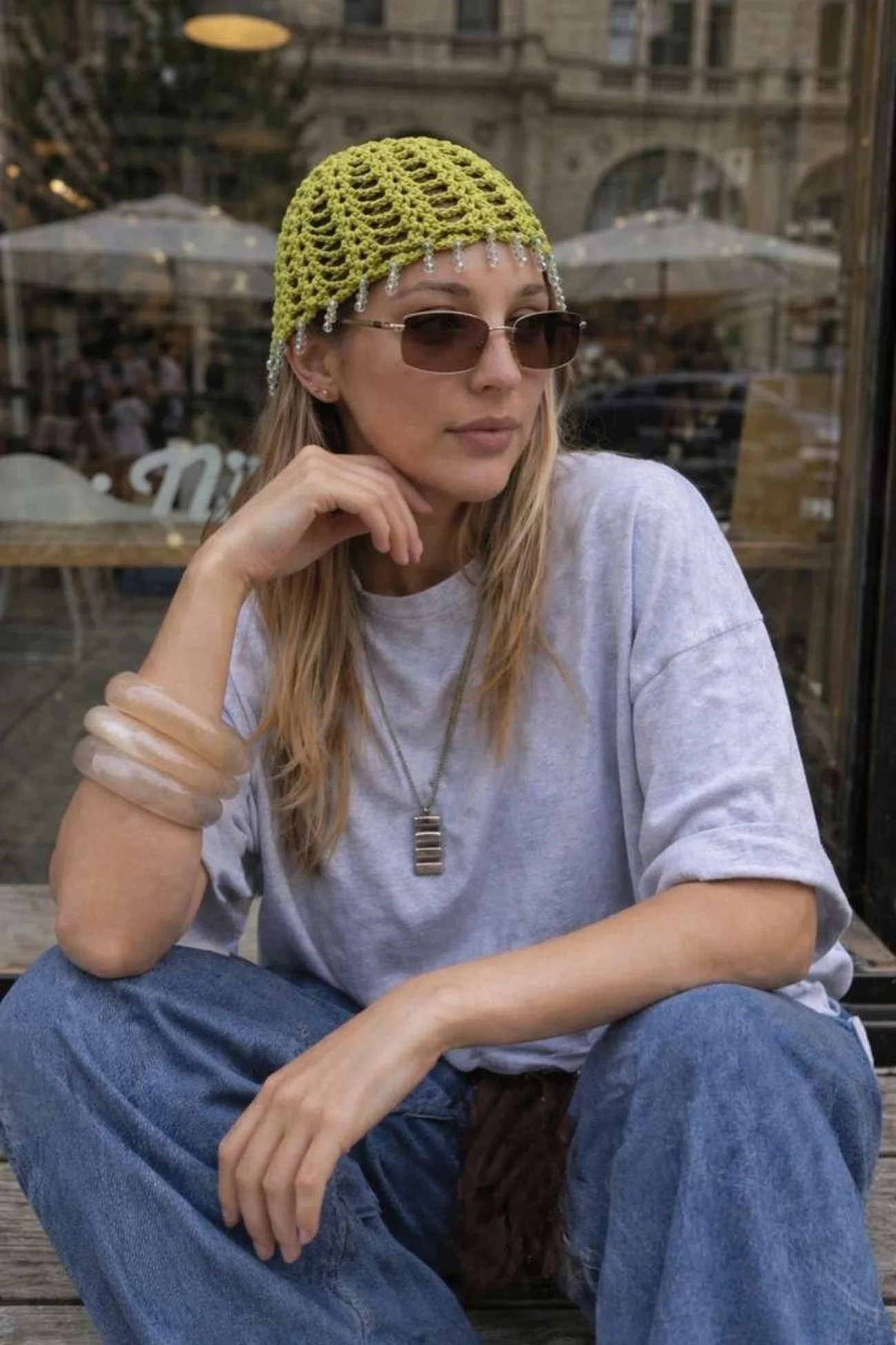 Kadın Yeşil El Yapımı Pul Örgü Taşlı Bandana Bere 852027