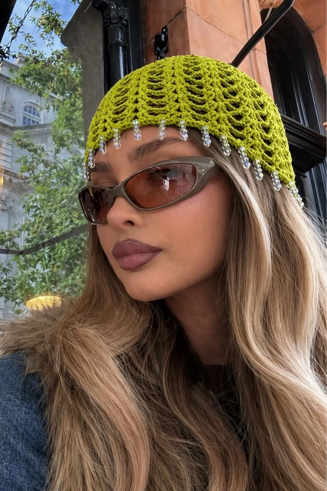 Kadın Yeşil El Yapımı Pul Örgü Taşlı Bandana Bere 852027