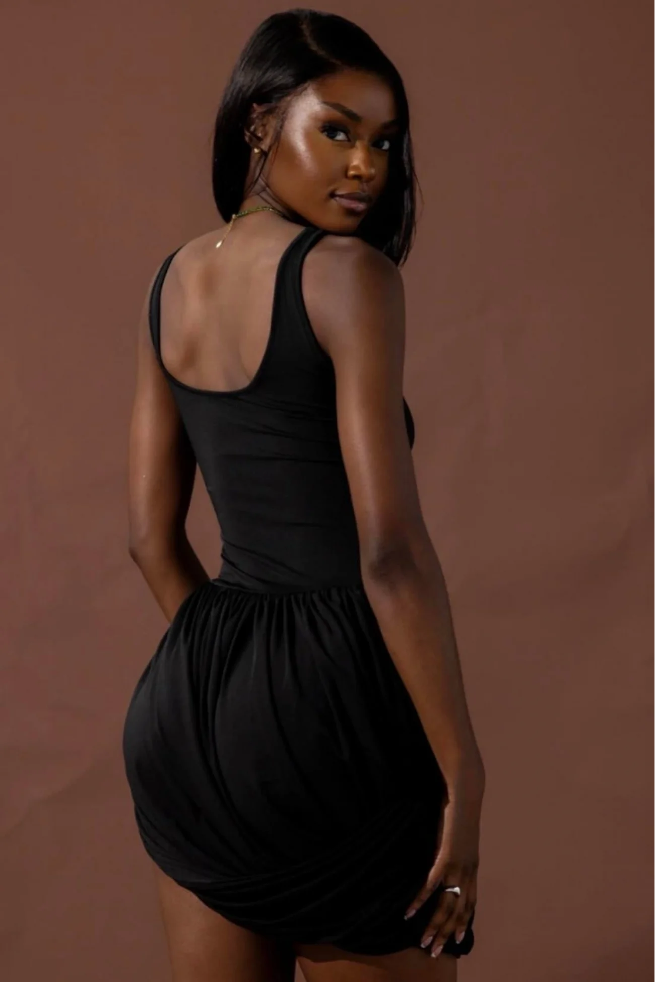 Kadın Siyah Drape Detaylı Siyah Mini Elbise 1026-52412