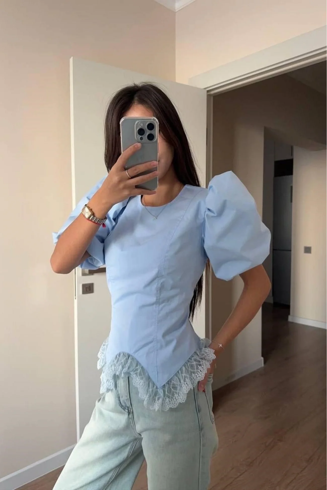 Kadın Mavi Dantelli Bluz 1041-2867