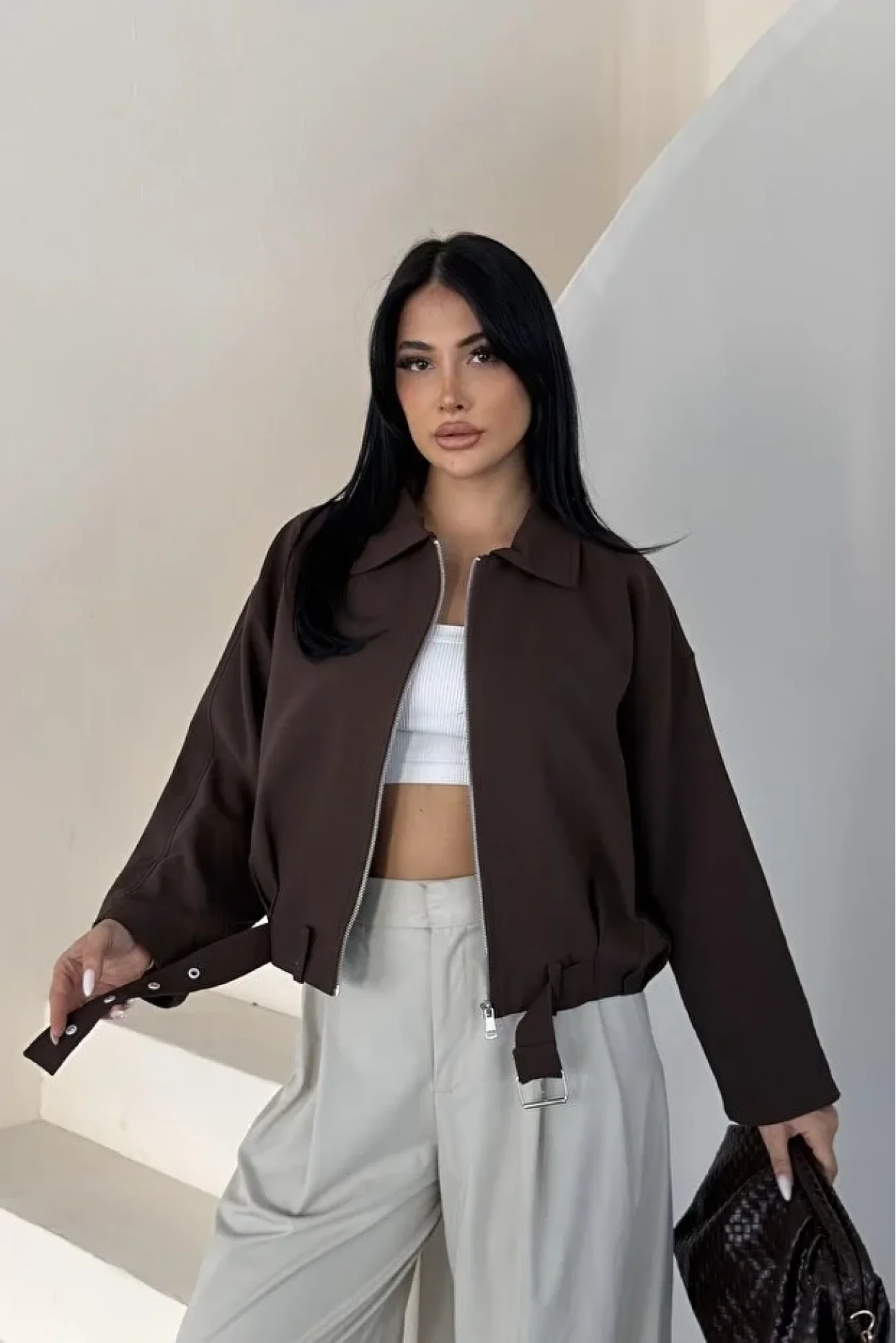 Kadın Acı Kahve Oversize Bomber Gabardin Ceket 2911