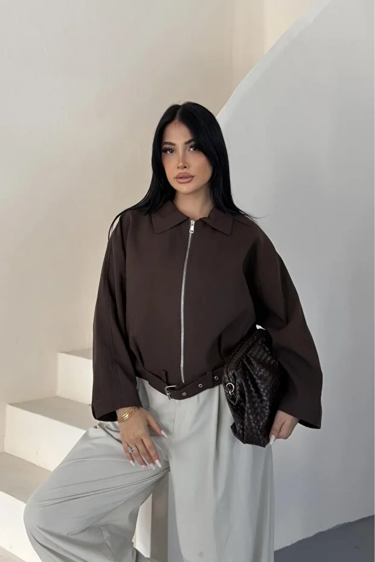 Kadın Acı Kahve Oversize Bomber Gabardin Ceket 2911