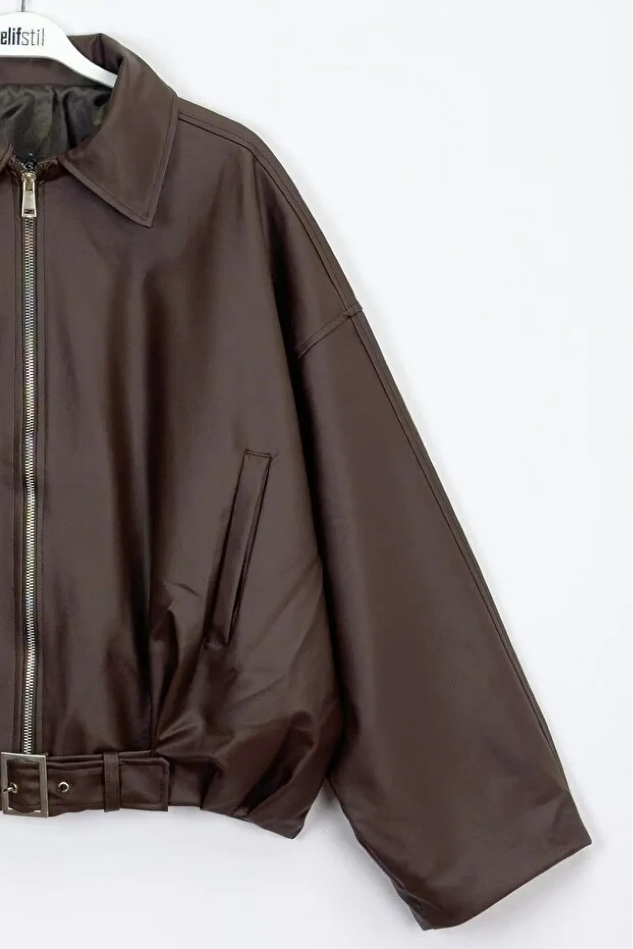 Kadın Acı Kahve Trend Oversize Bomber Kemerli Deri Ceket 2788
