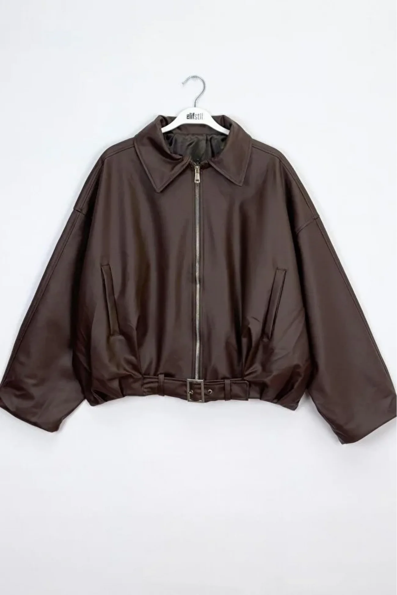 Kadın Acı Kahve Trend Oversize Bomber Kemerli Deri Ceket 2788
