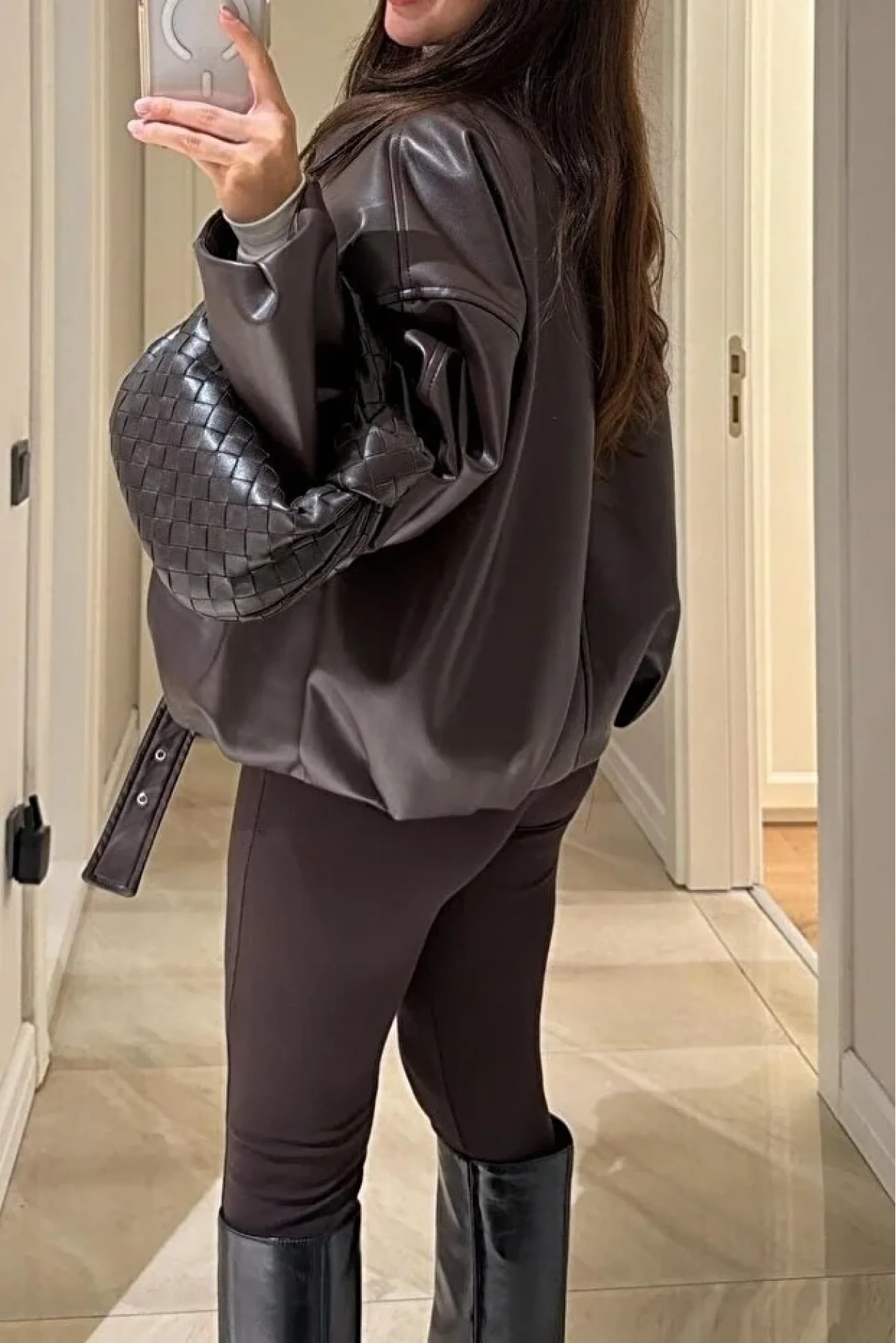 Kadın Acı Kahve Trend Oversize Bomber Kemerli Deri Ceket 2788