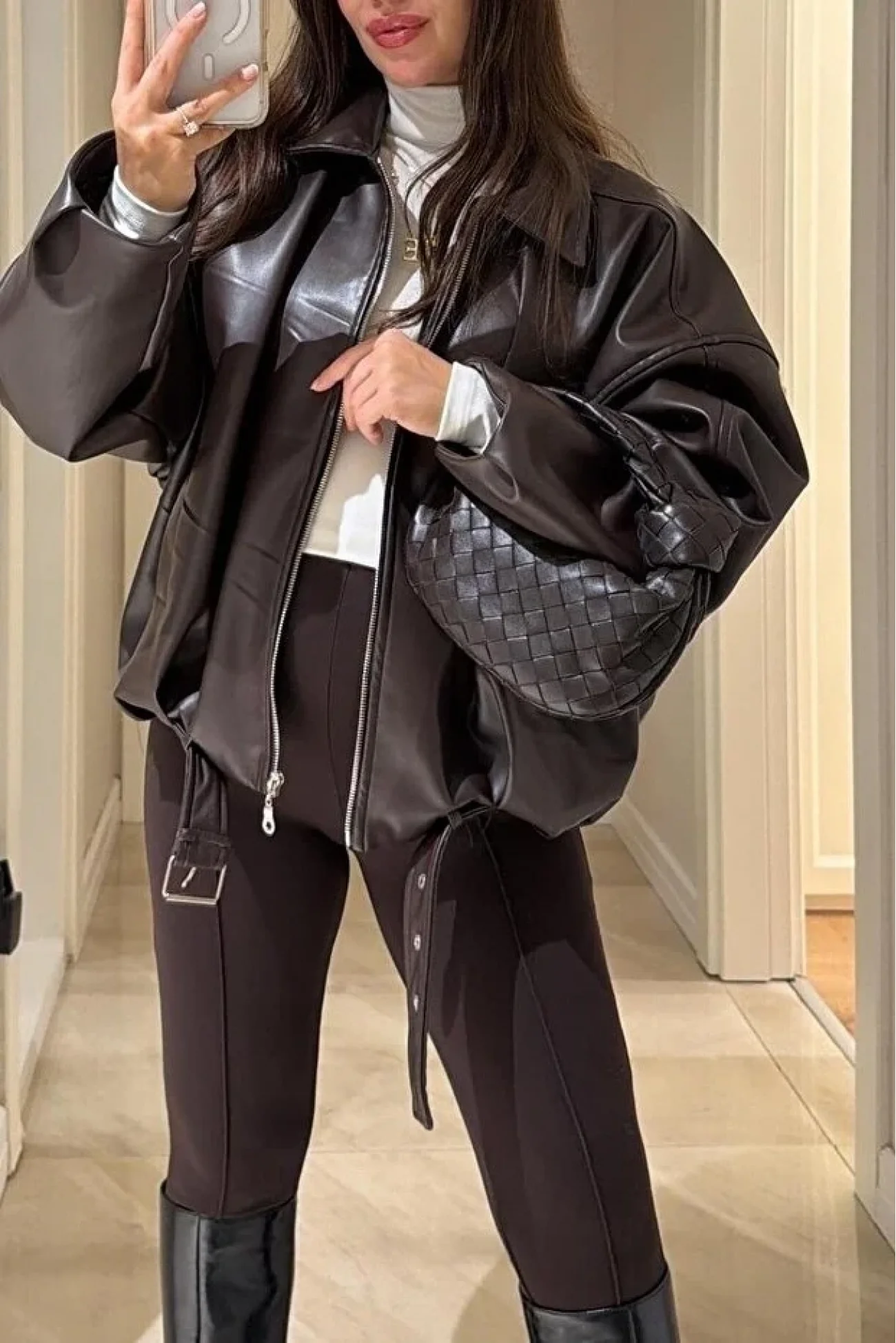 Kadın Acı Kahve Trend Oversize Bomber Kemerli Deri Ceket 2788