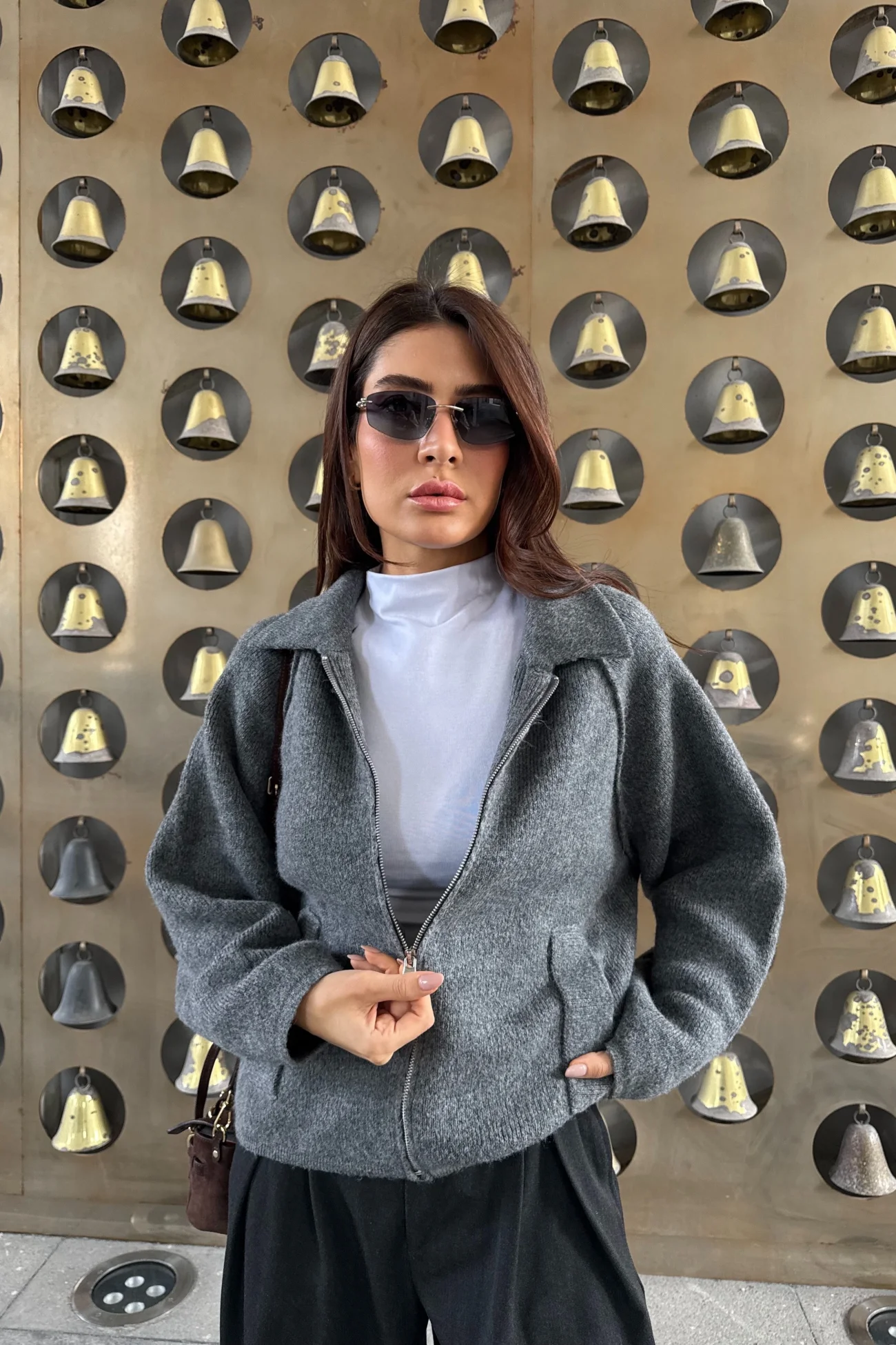 Kadın Antrasit Fermuarlı Oversize Hırka 1014-2381