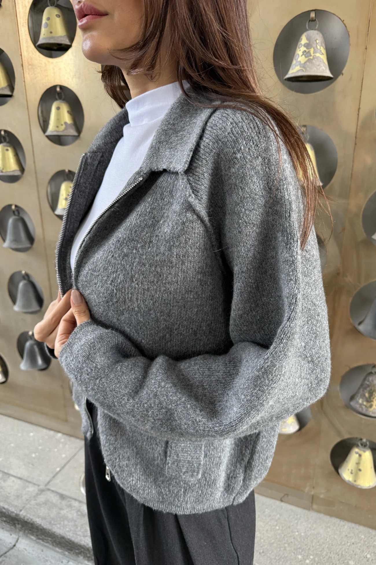 Kadın Antrasit Fermuarlı Oversize Hırka 1014-2381