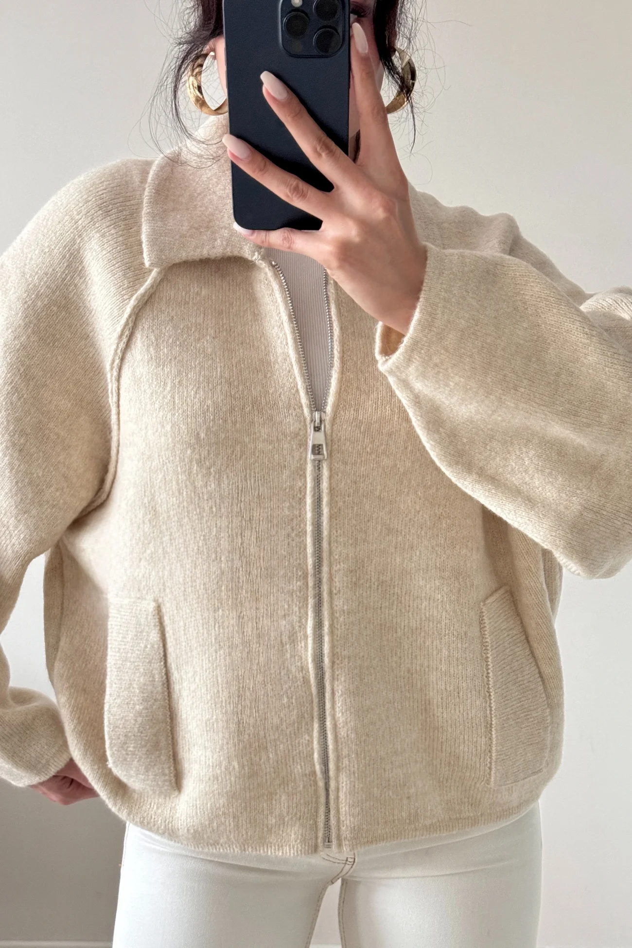 Kadın Bej Fermuarlı Oversize Hırka 1014-2381