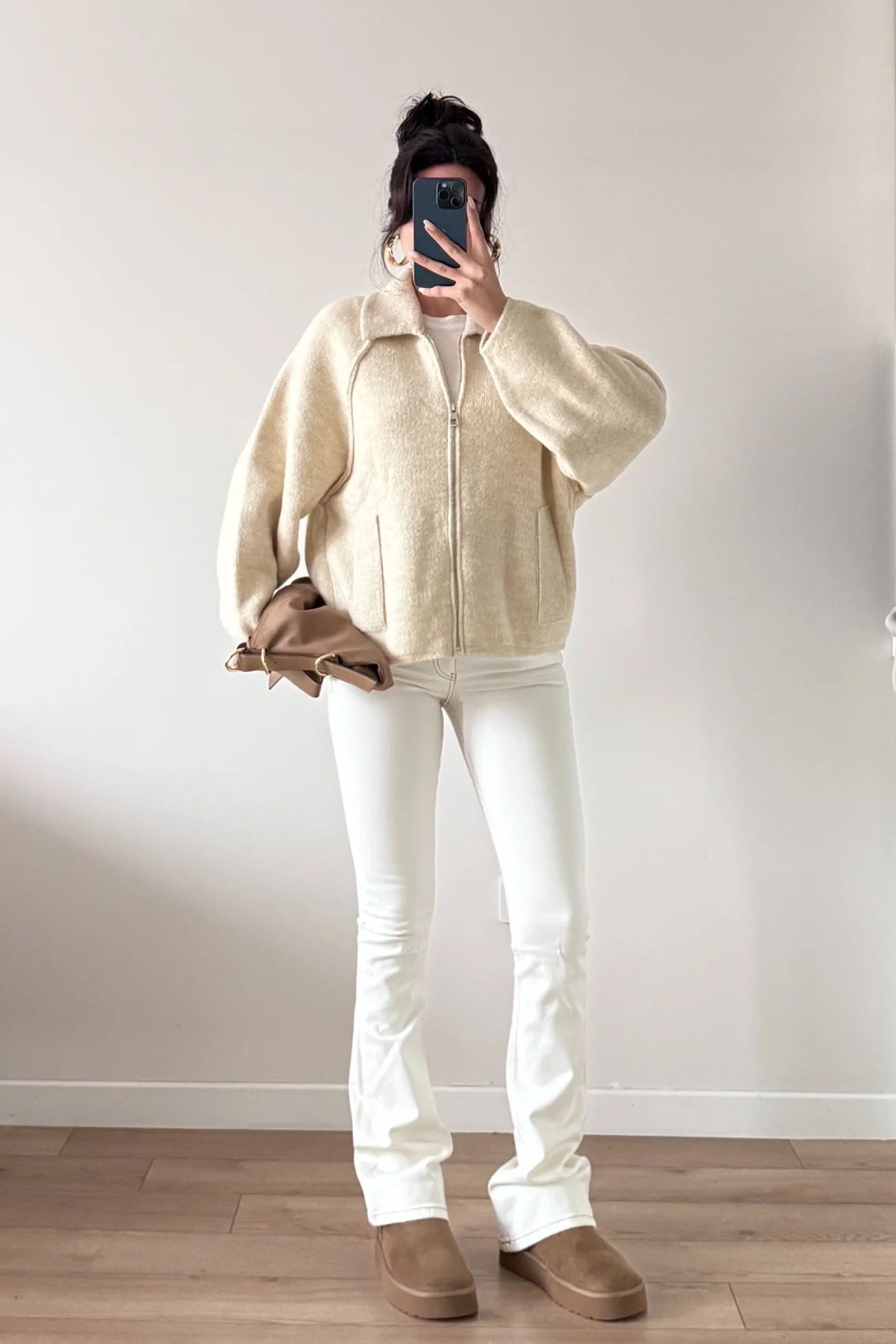 Kadın Bej Fermuarlı Oversize Hırka 1014-2381