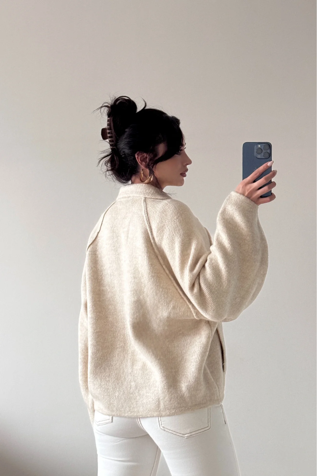 Kadın Bej Fermuarlı Oversize Hırka 1014-2381
