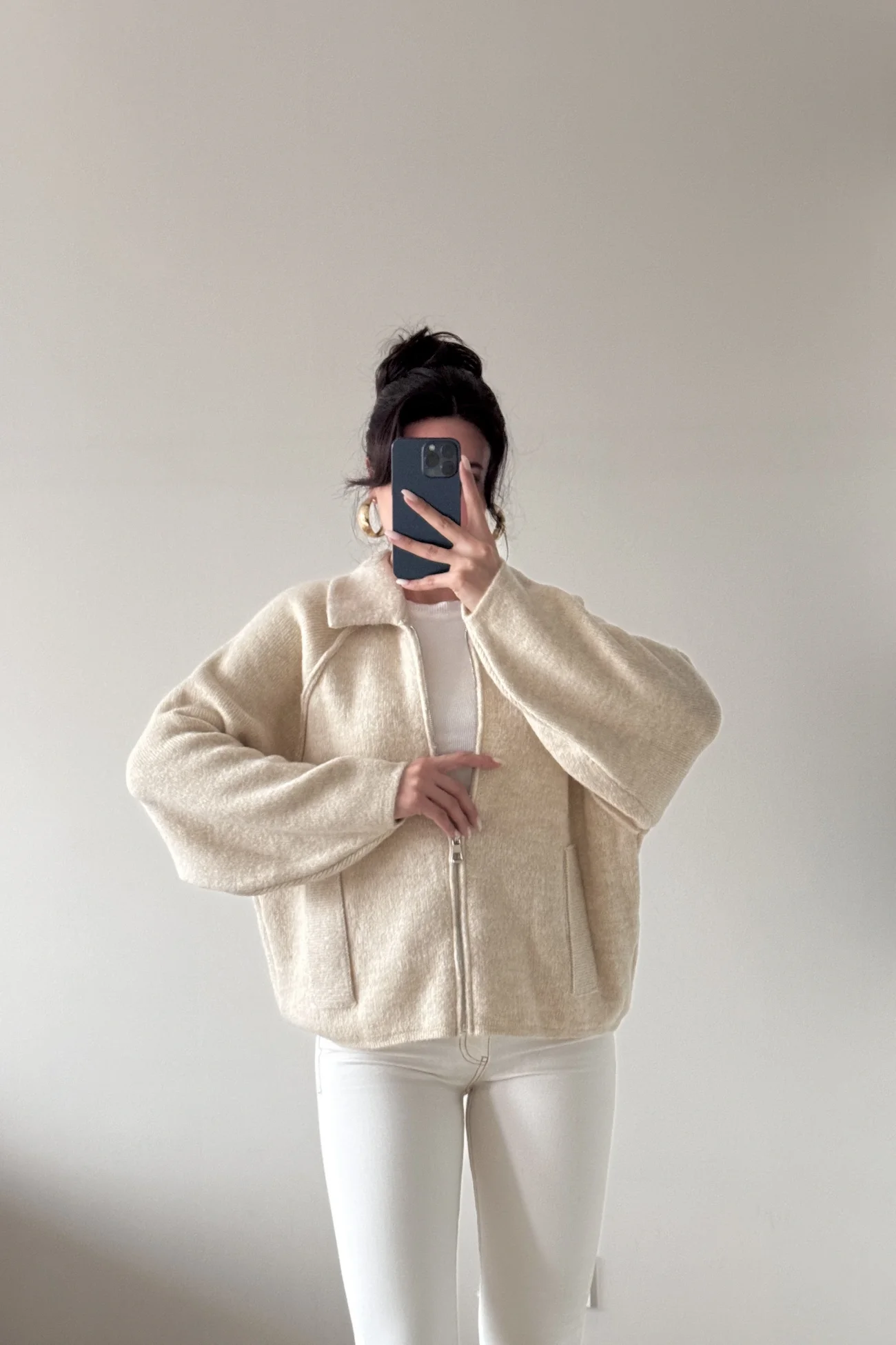 Kadın Bej Fermuarlı Oversize Hırka 1014-2381