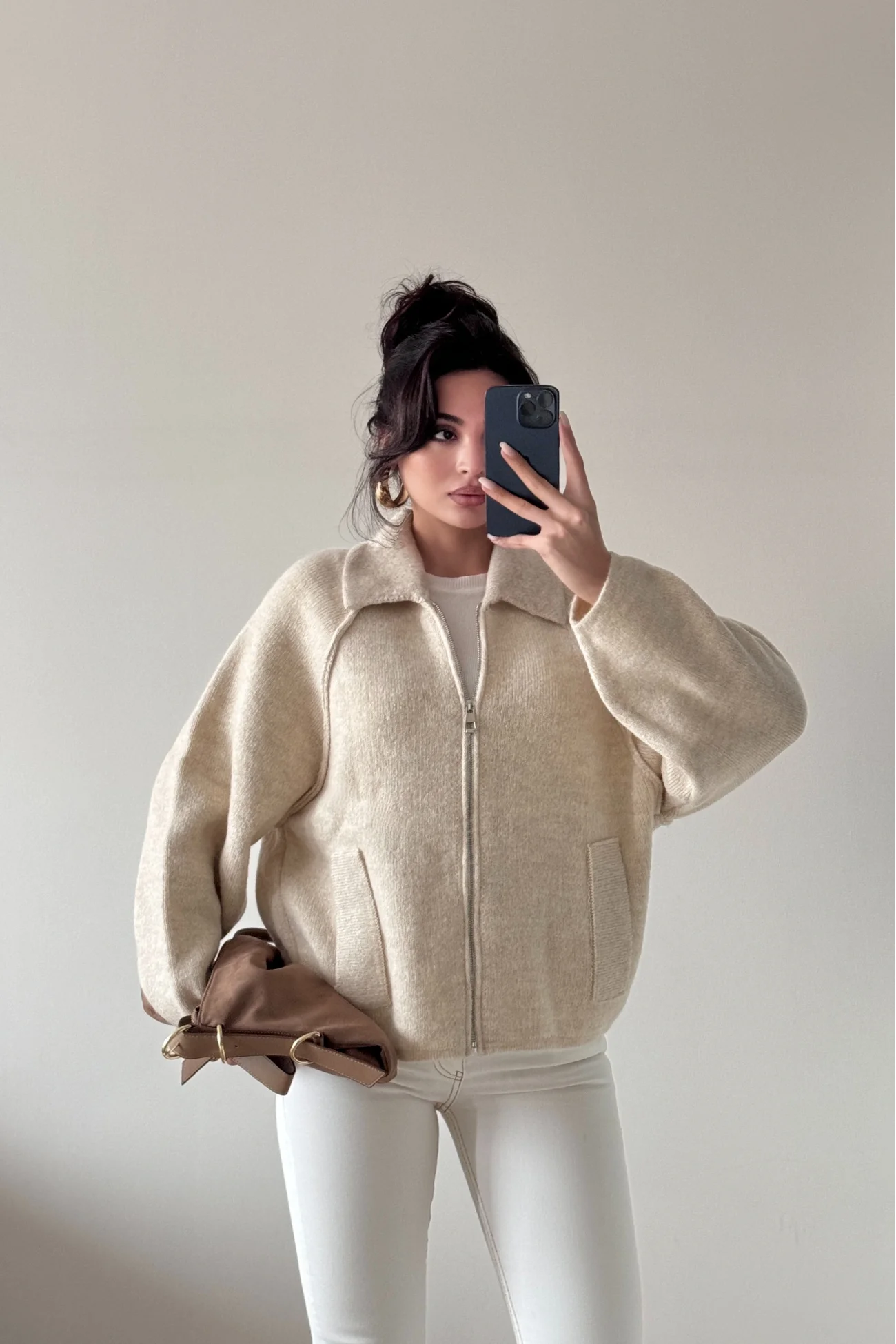 Kadın Bej Fermuarlı Oversize Hırka 1014-2381