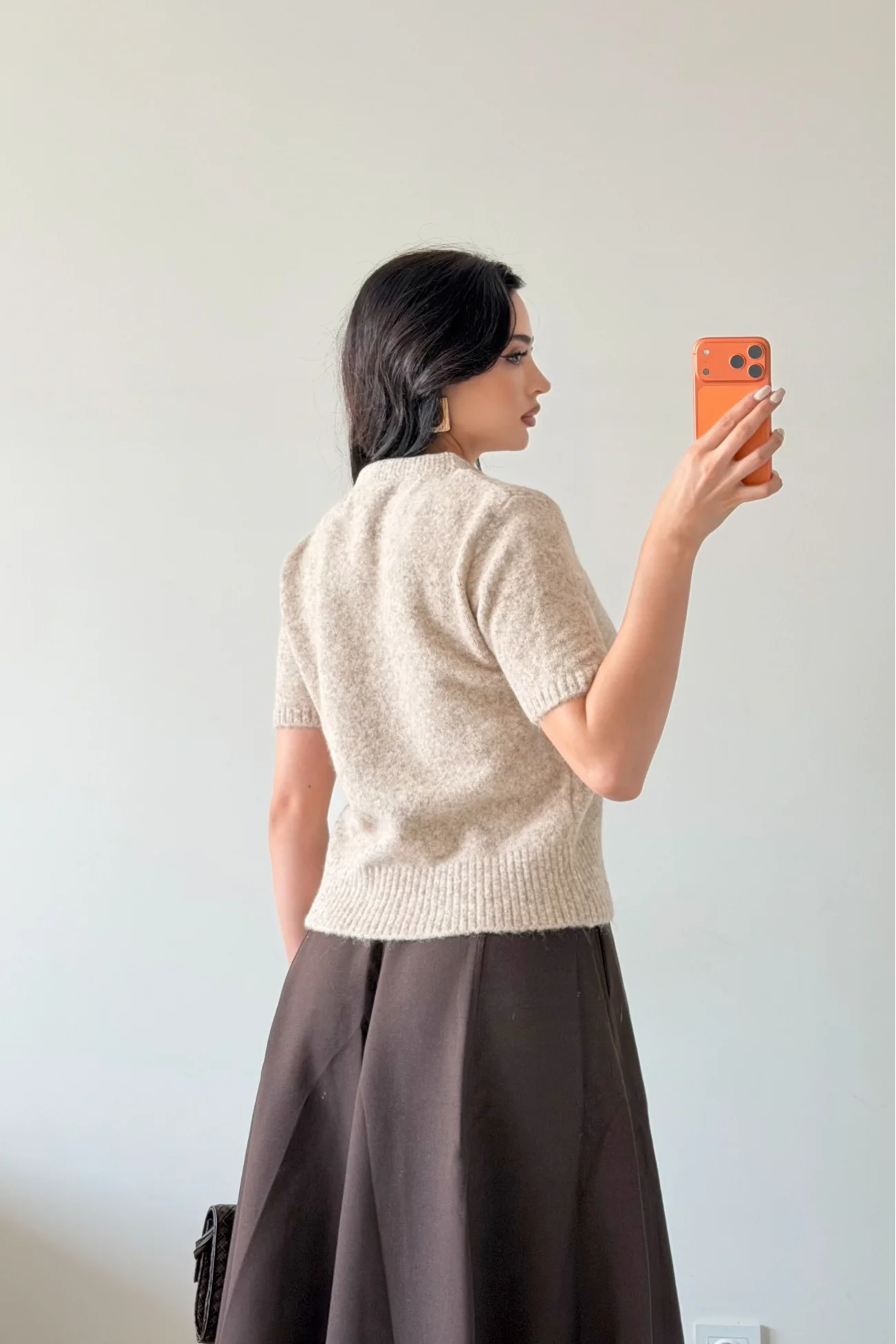 Kadın Bej Fularlı Kısa Kol Kazak 1014-2536