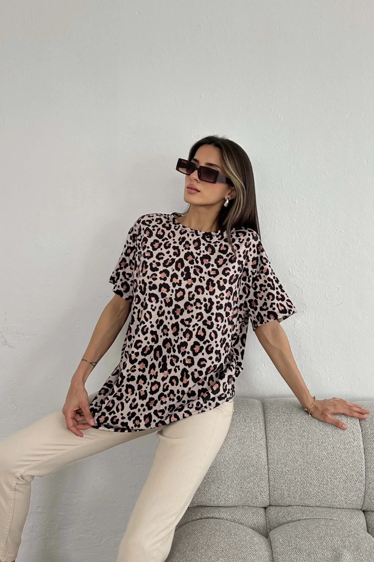 Kadın Bej Leopar Desen T-shirt 0999-24098