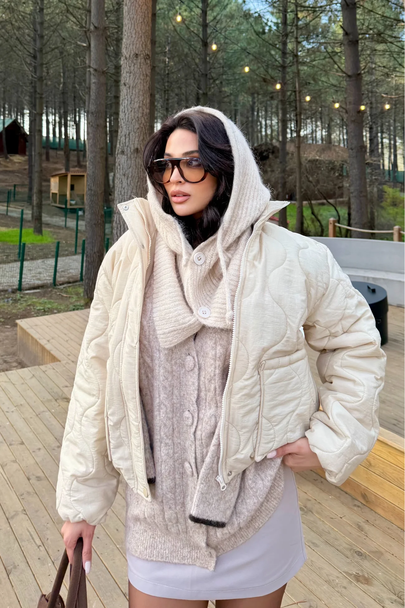 Kadın Bej Triko Düğmeli Balaklava Bere 594-14800