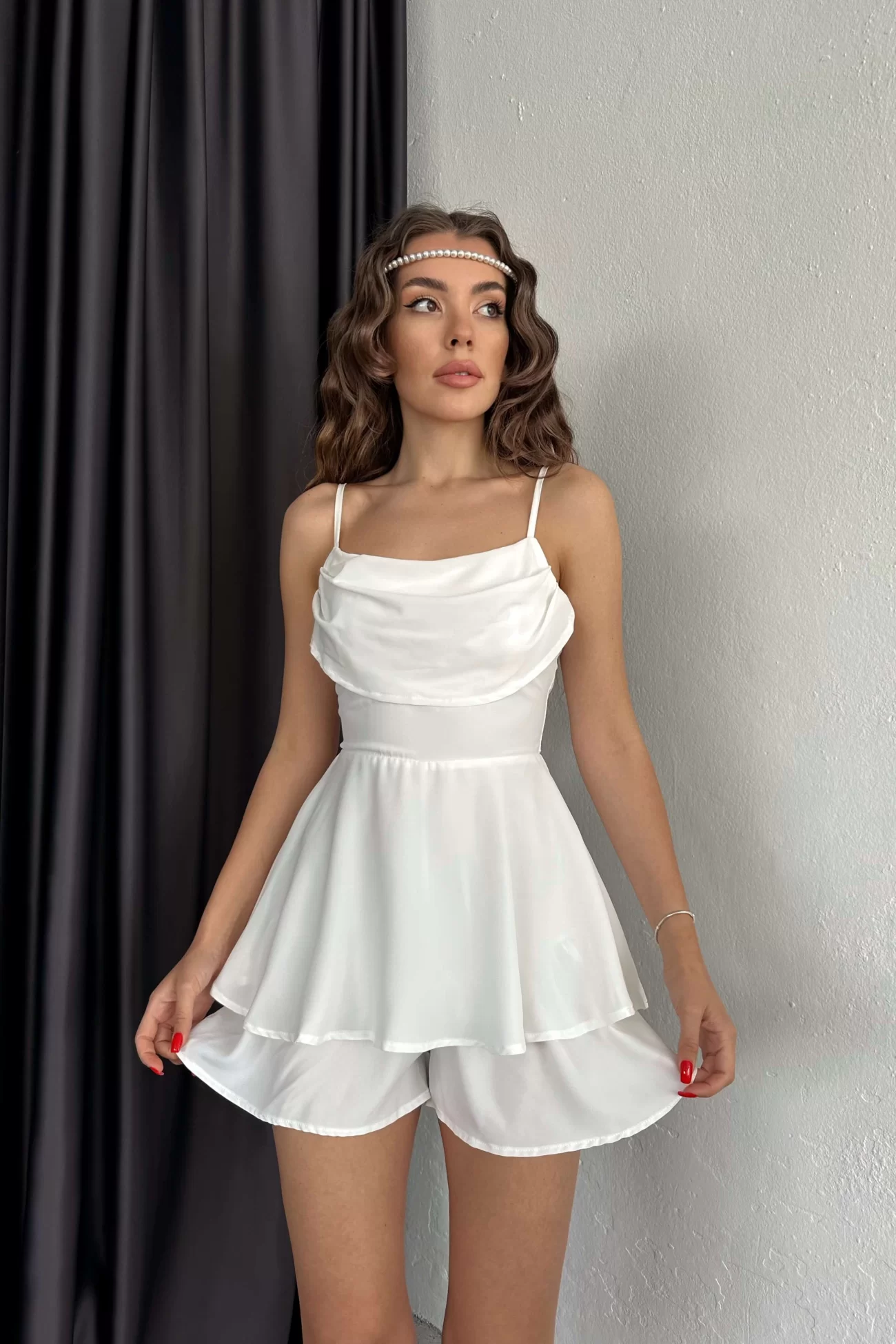 Kadın Beyaz Askılı Şort Tulum 0291-10794