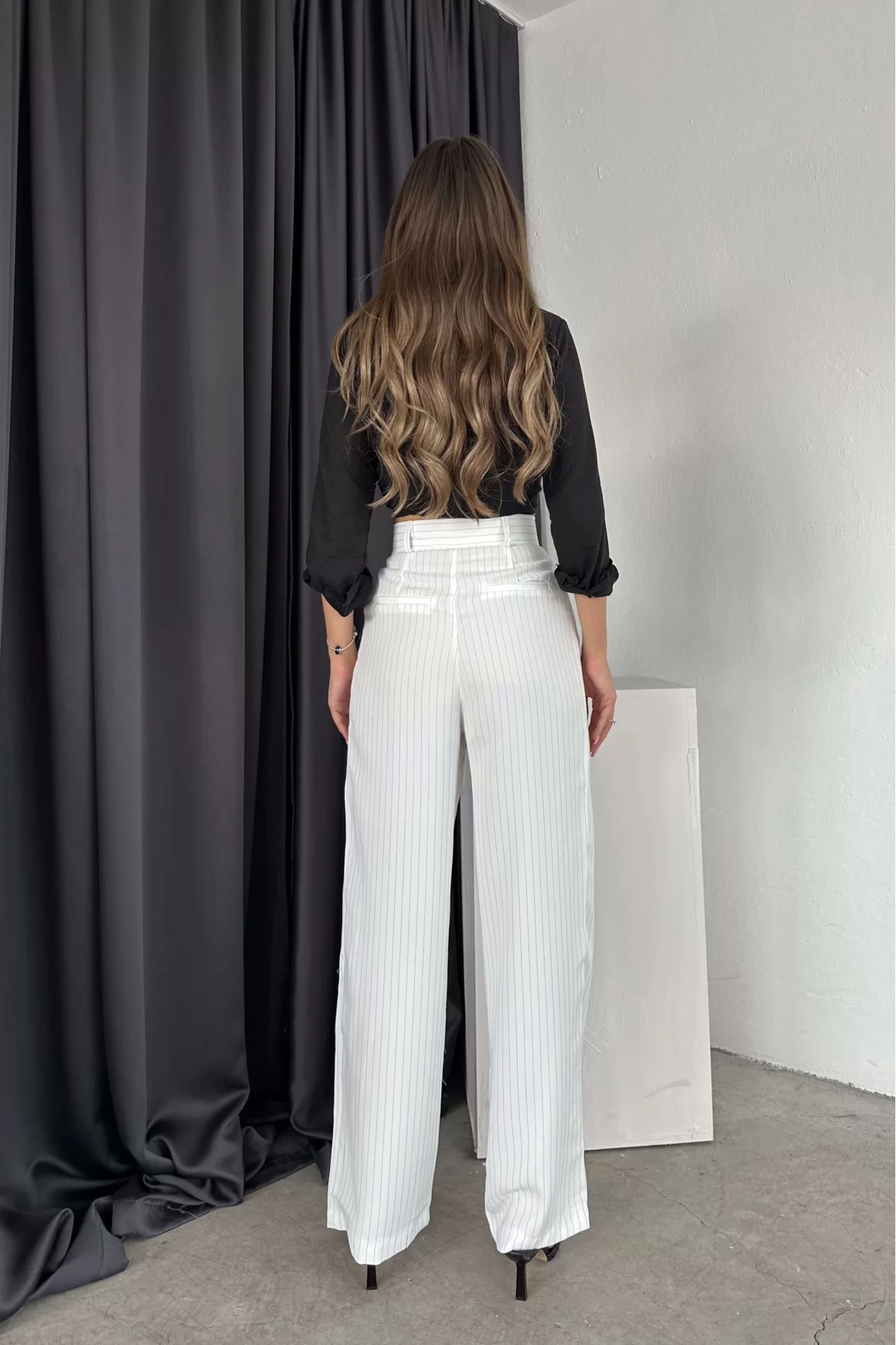 Kadın Beyaz Çizgili Oversize Pantolon 1017-1513