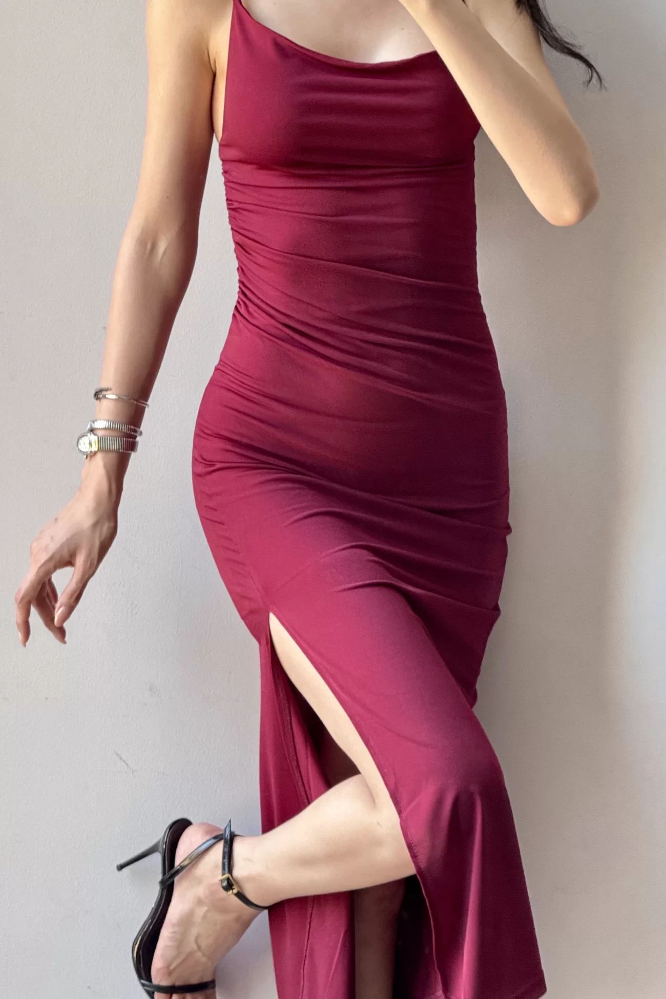 Kadın Bordo Askılı Yırtmaçlı Uzun Elbise 1009-1034