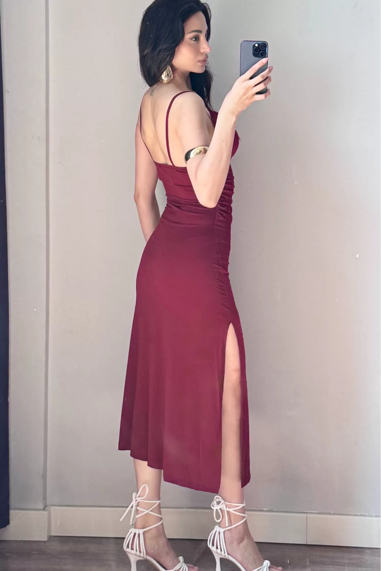 Kadın Bordo Askılı Yırtmaçlı Uzun Elbise 1009-1034