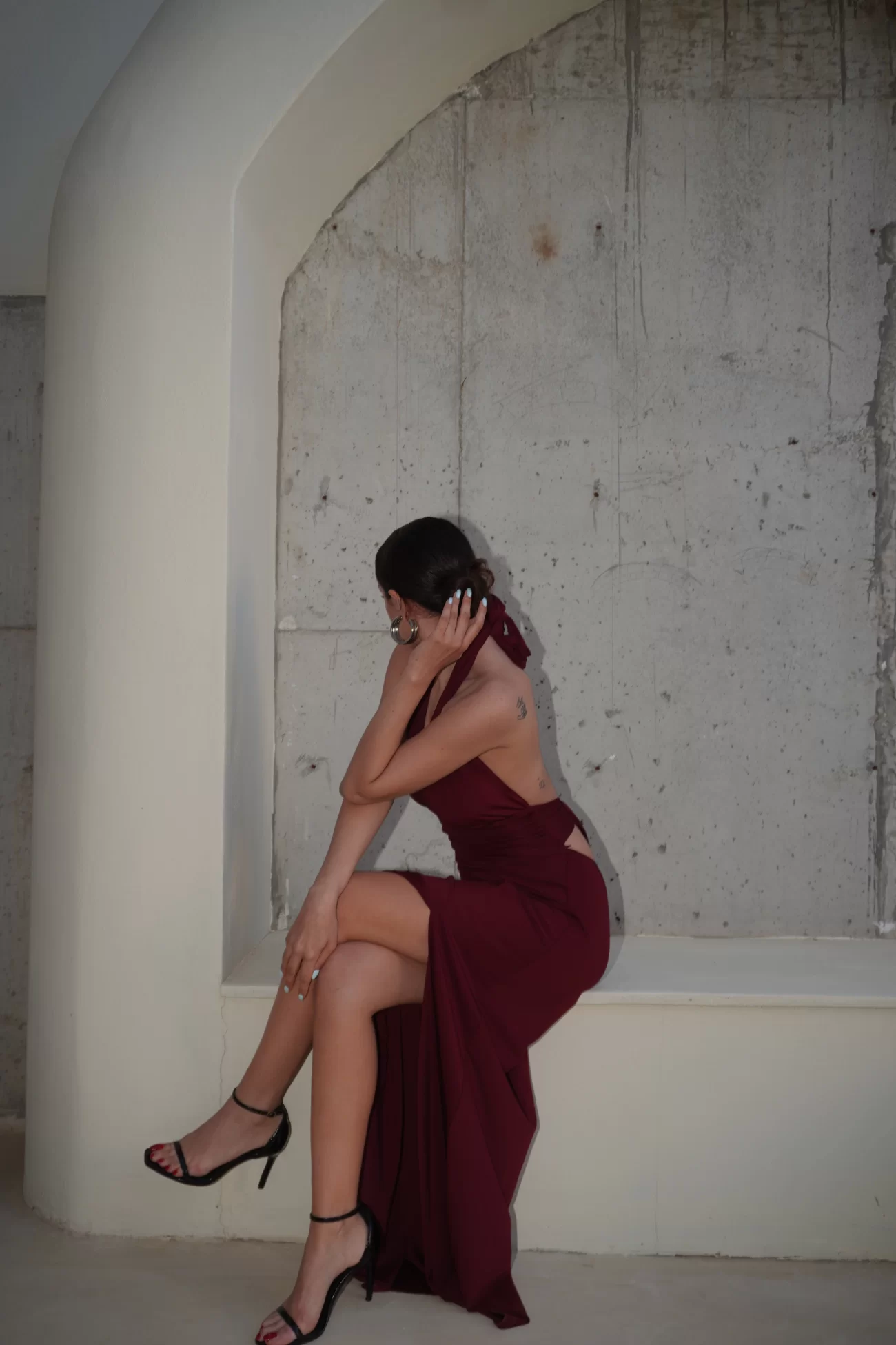 Kadın Bordo Boyundan Bağlamalı Uzun Elbise 0994-2209