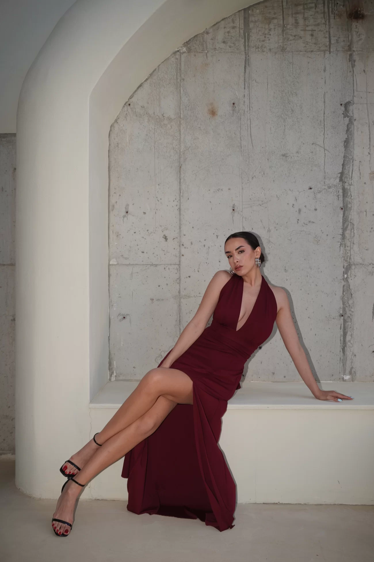 Kadın Bordo Boyundan Bağlamalı Uzun Elbise 0994-2209