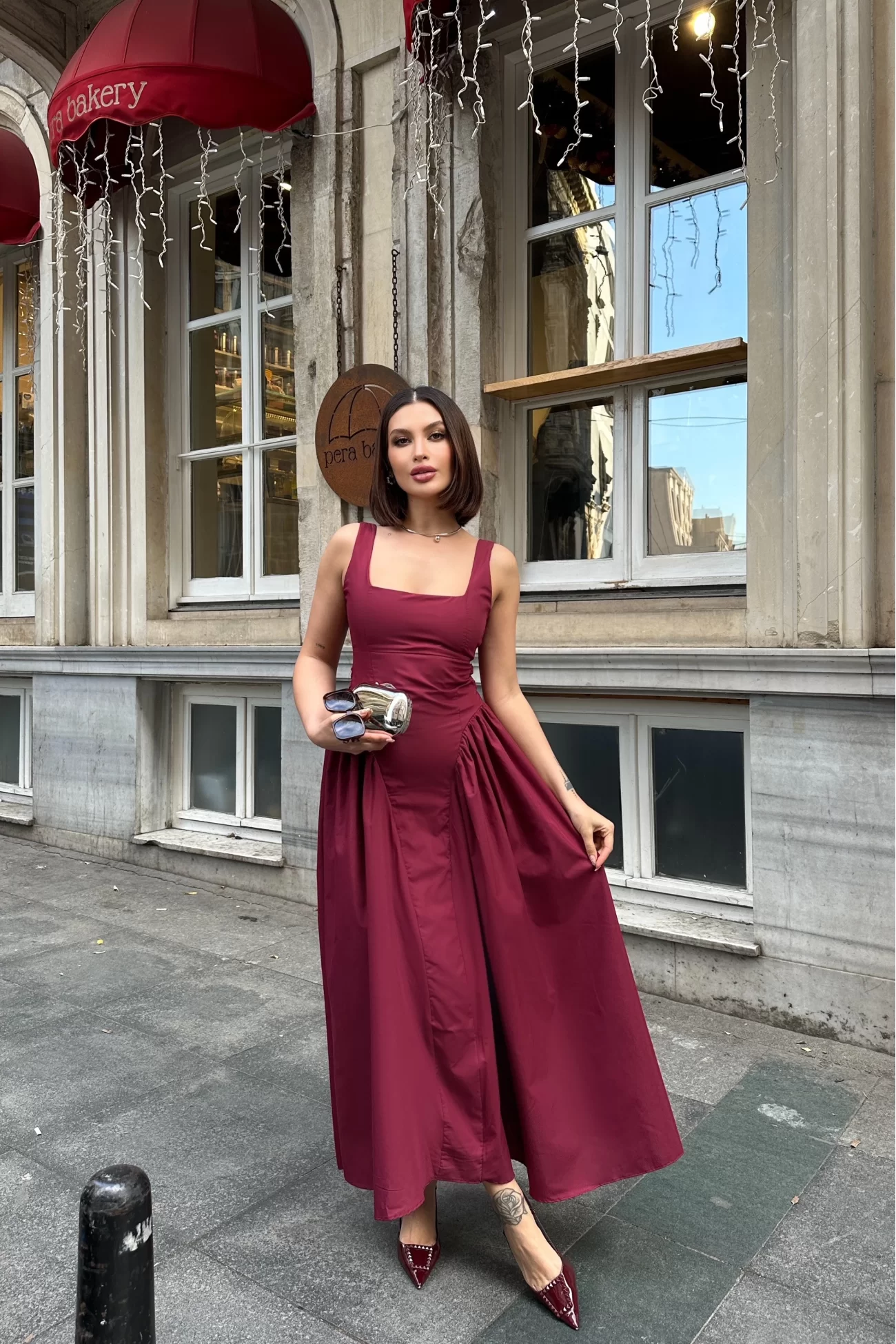Kadın Bordo Sırt Dekolteli Elbise 1026-0042