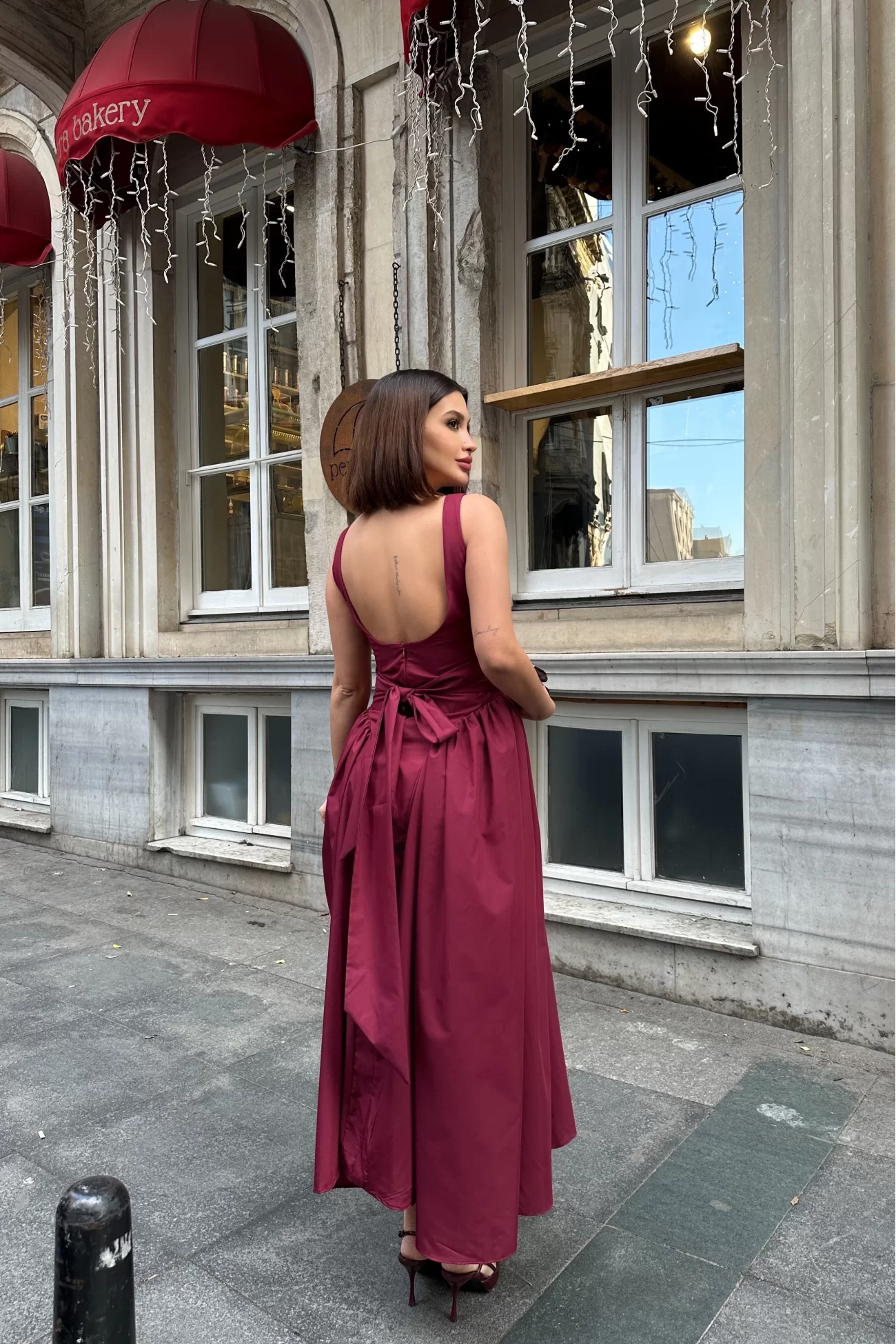 Kadın Bordo Sırt Dekolteli Elbise 1026-0042