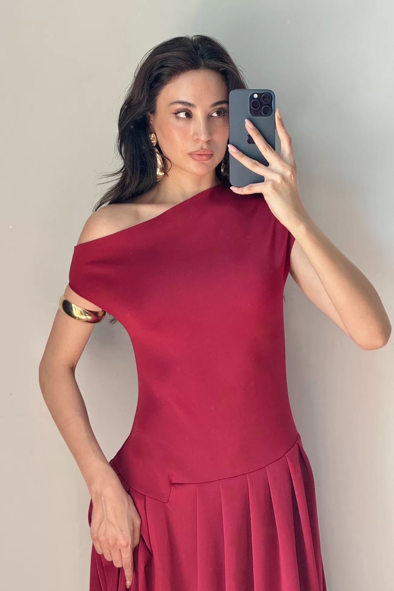 Kadın Bordo Tek Omuz Elbise 0994-0098