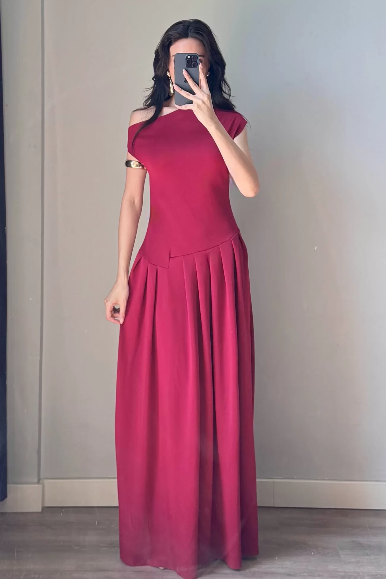 Kadın Bordo Tek Omuz Elbise 0994-0098
