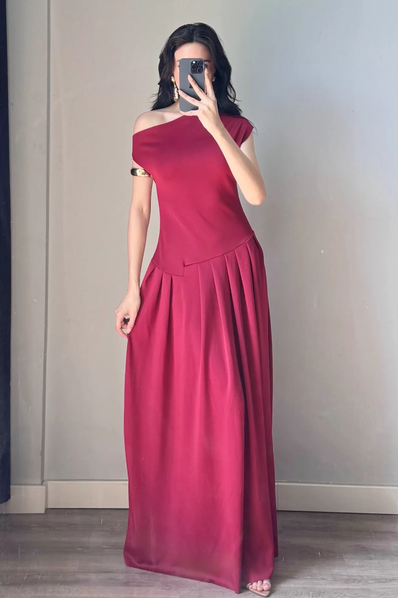 Kadın Bordo Tek Omuz Elbise 0994-0098
