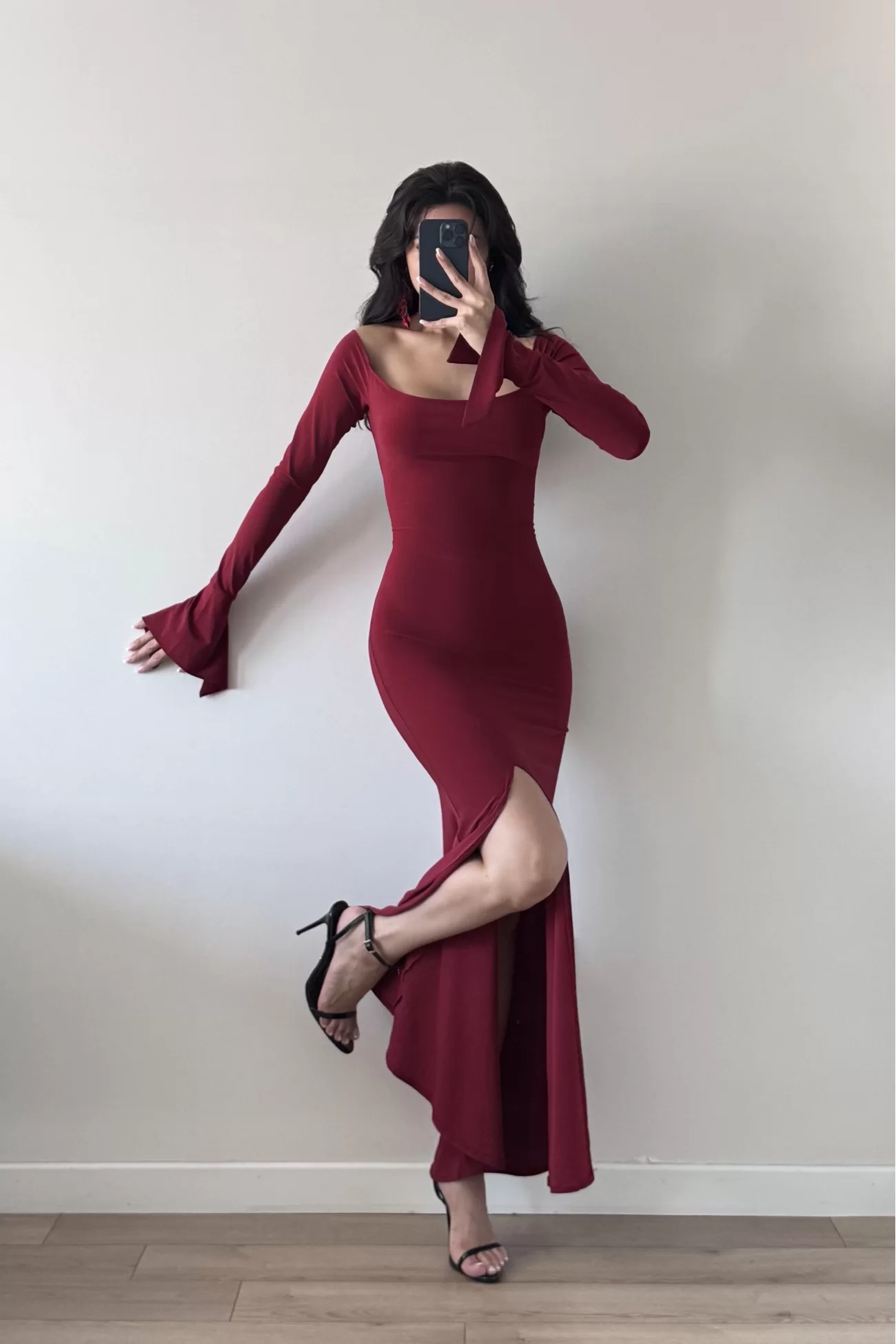Kadın Bordo Yırtmaçlı Uzun Elbise 1041-2465