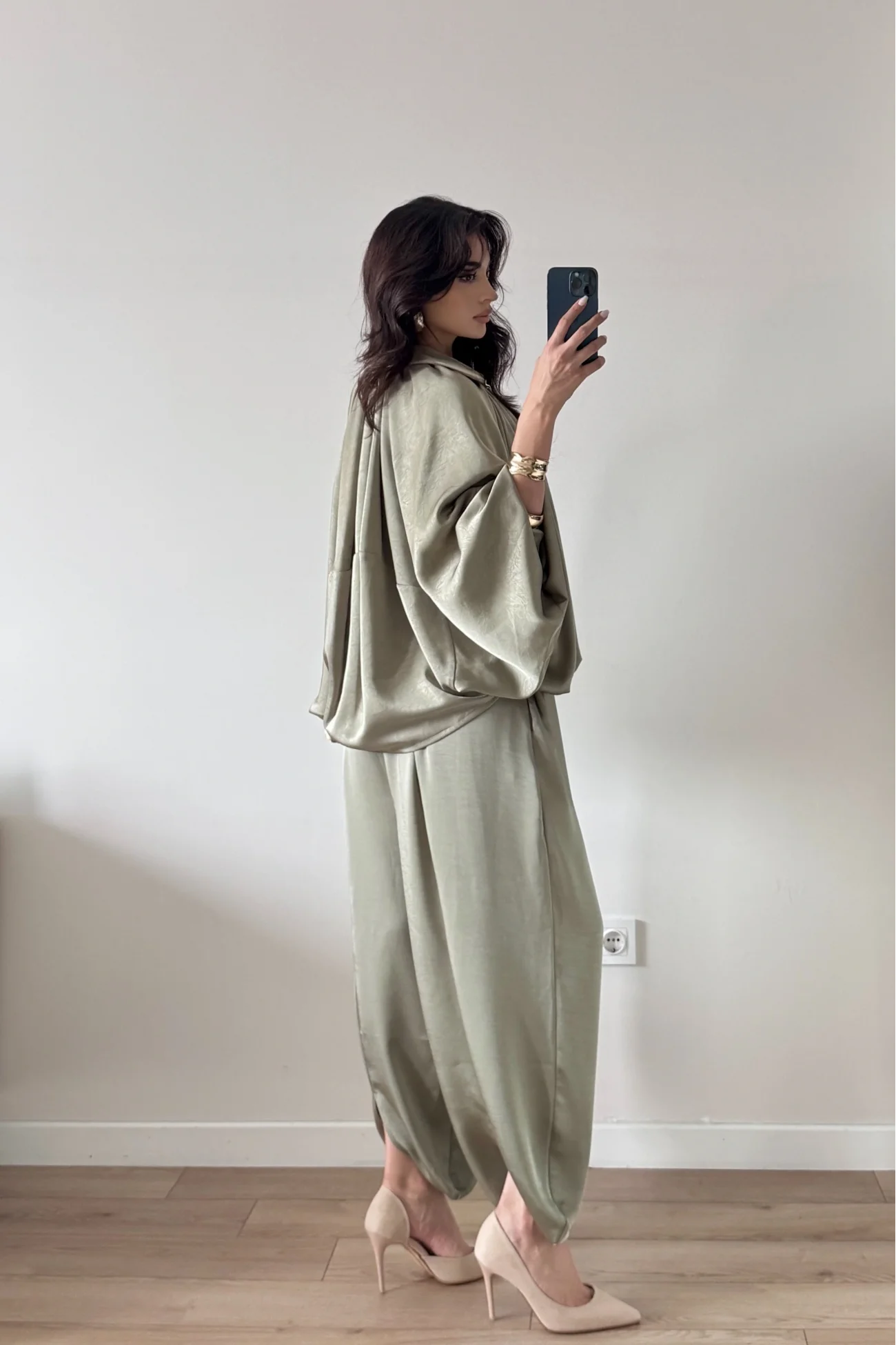 Kadın Çağla Saten Bomber Ceket Pantolon Takım 1046-9584