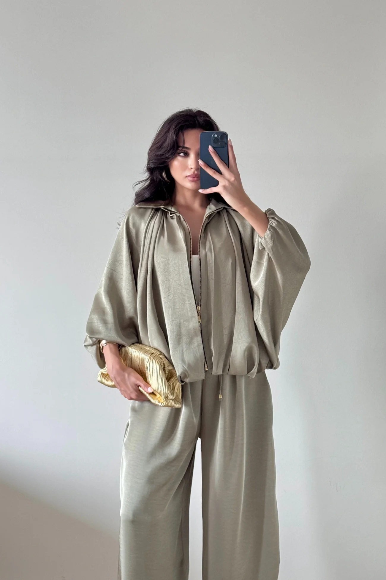 Kadın Çağla Saten Bomber Ceket Pantolon Takım 1046-9584