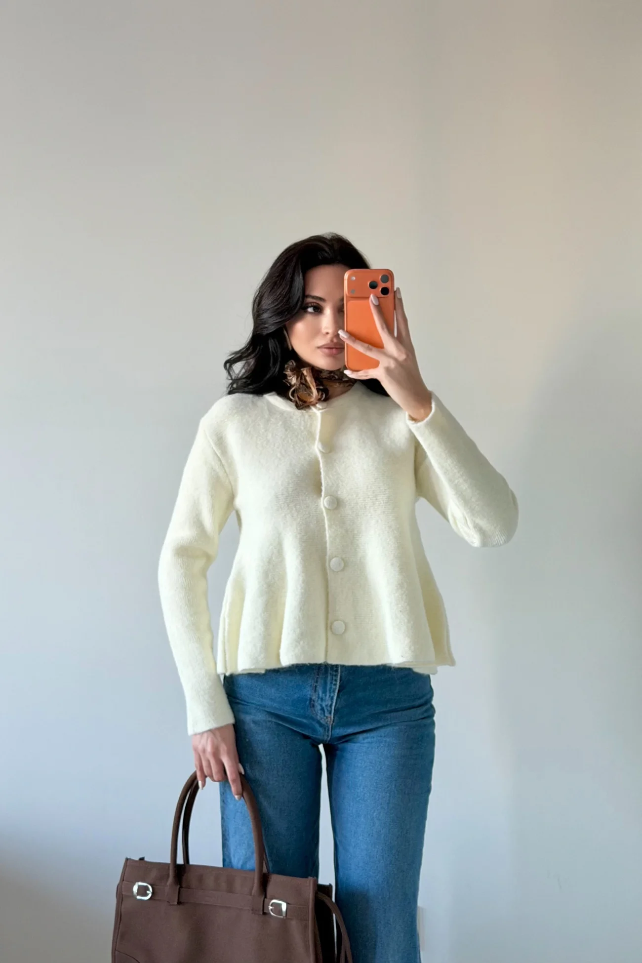 Kadın Ekru Eteği Volanlı Triko Hırka 1014-2525