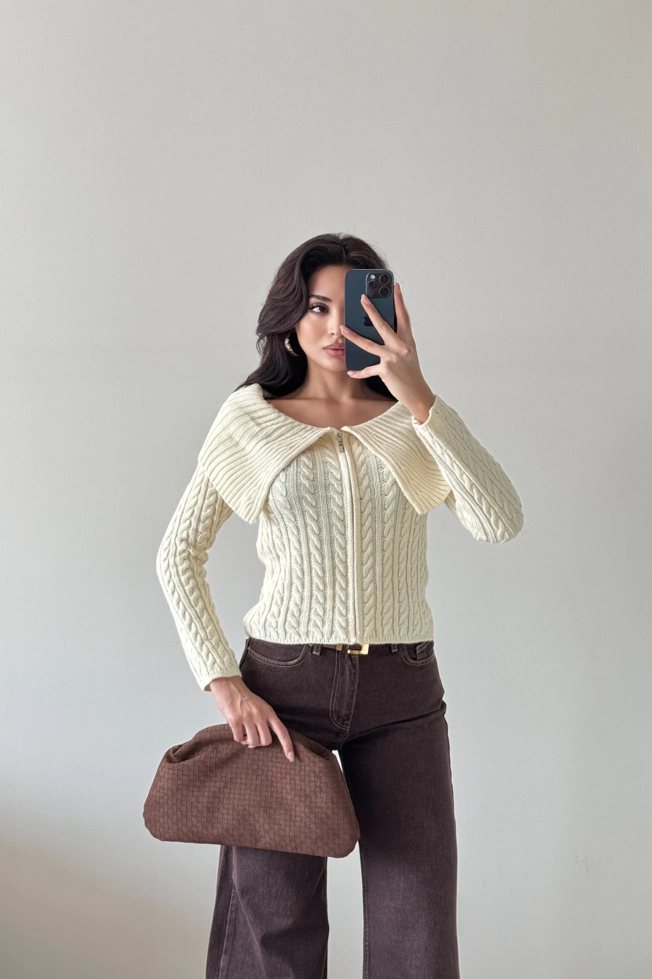 Kadın Ekru Fermuarlı Hırka 1014-2406