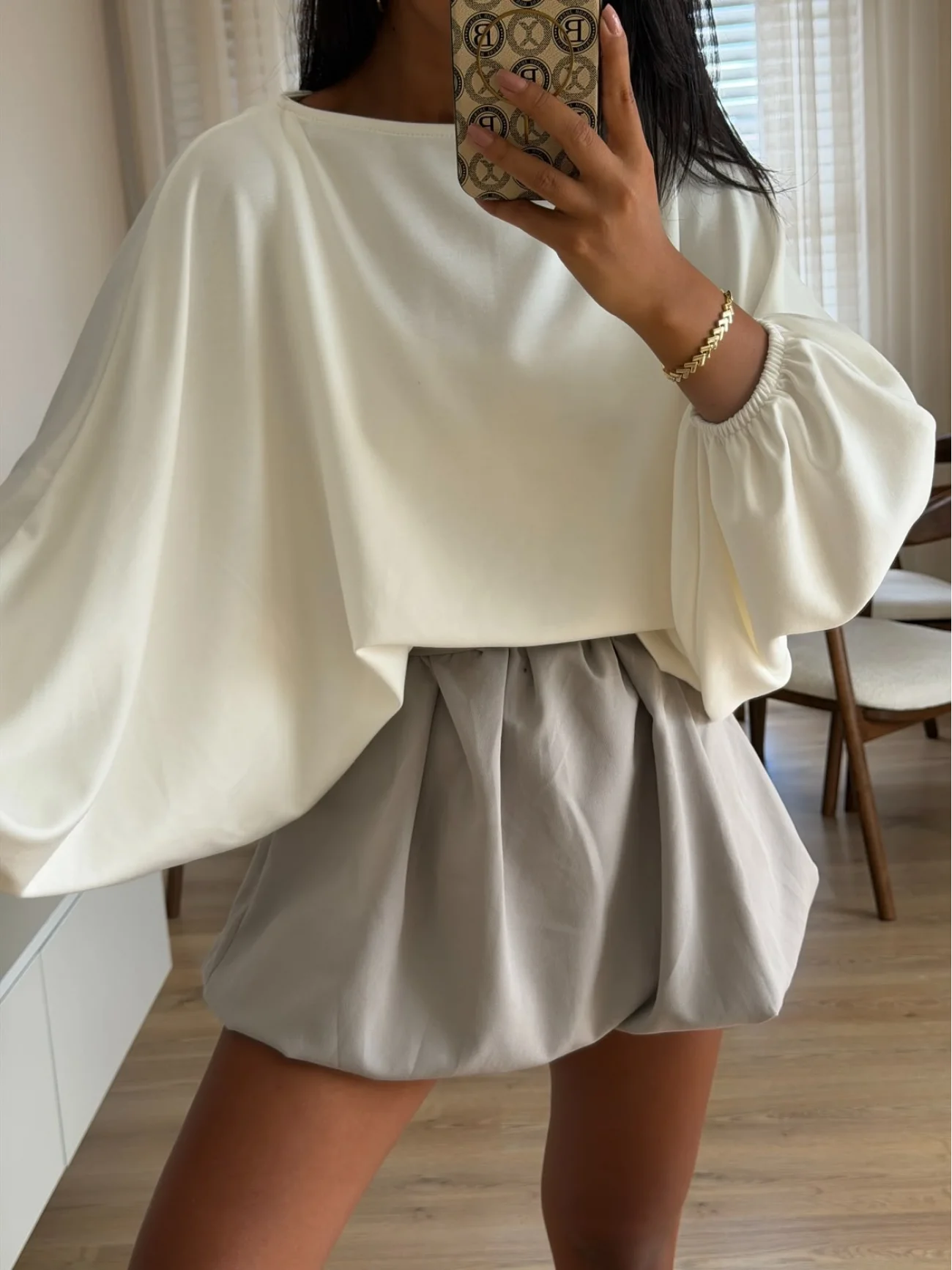 Kadın Ekru Yarasa Kol Oversize Bluz 1627