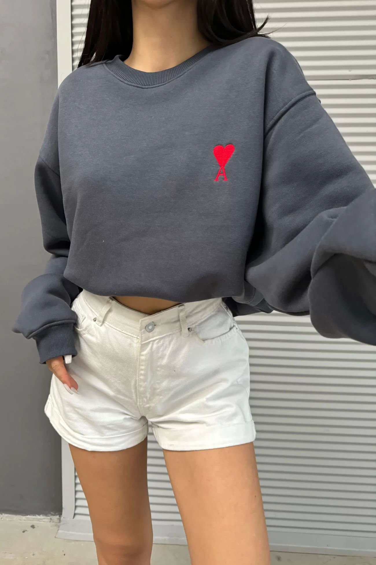 Kadın Gri Oversize Sweatshirt 1017-0138