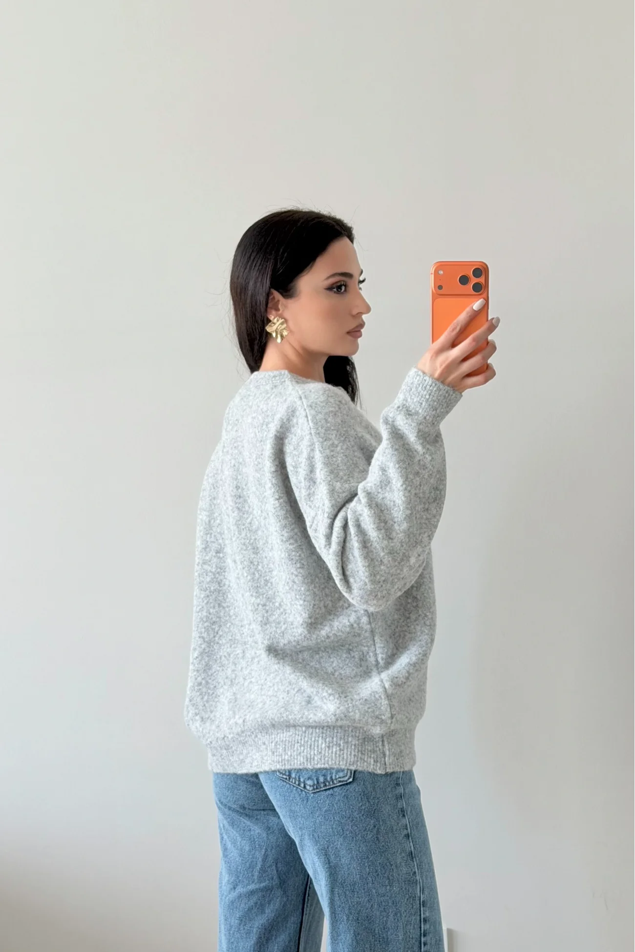 Kadın Gri Düğmeli Açık Yaka Kazak 1014-2464