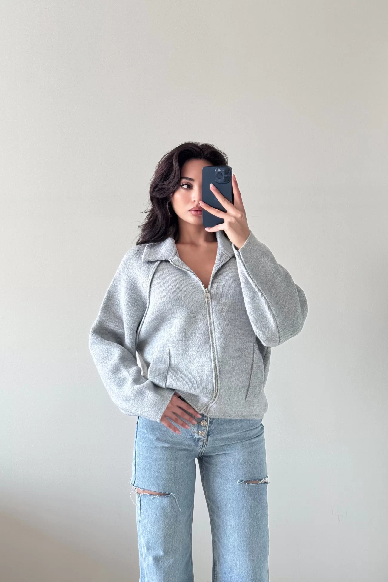 Kadın Gri Fermuarlı Oversize Hırka 1014-2381