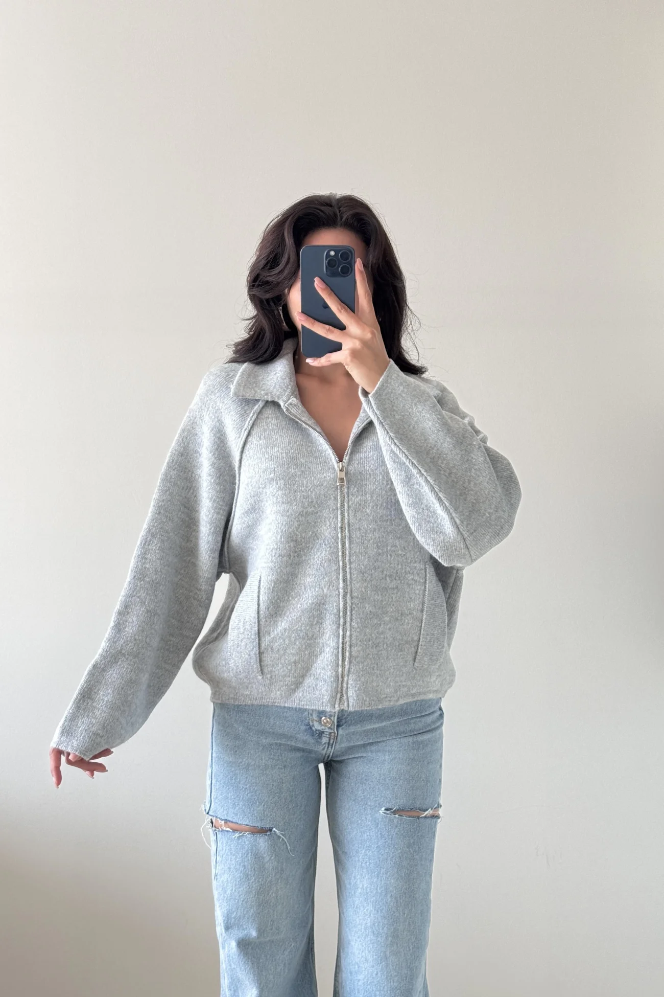 Kadın Gri Fermuarlı Oversize Hırka 1014-2381