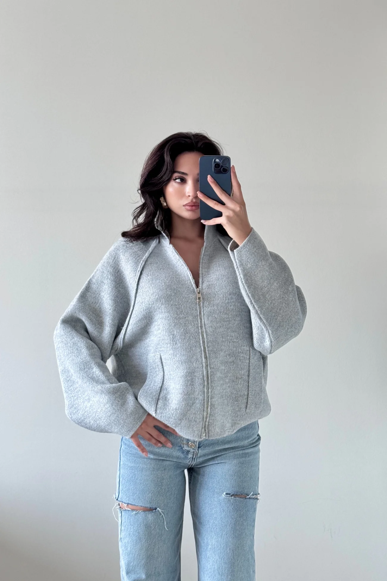 Kadın Gri Fermuarlı Oversize Hırka 1014-2381