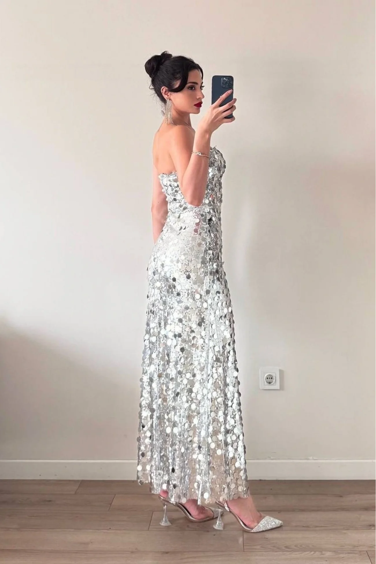 Kadın Gri Straplez PulPayet Elbise 1041-2719