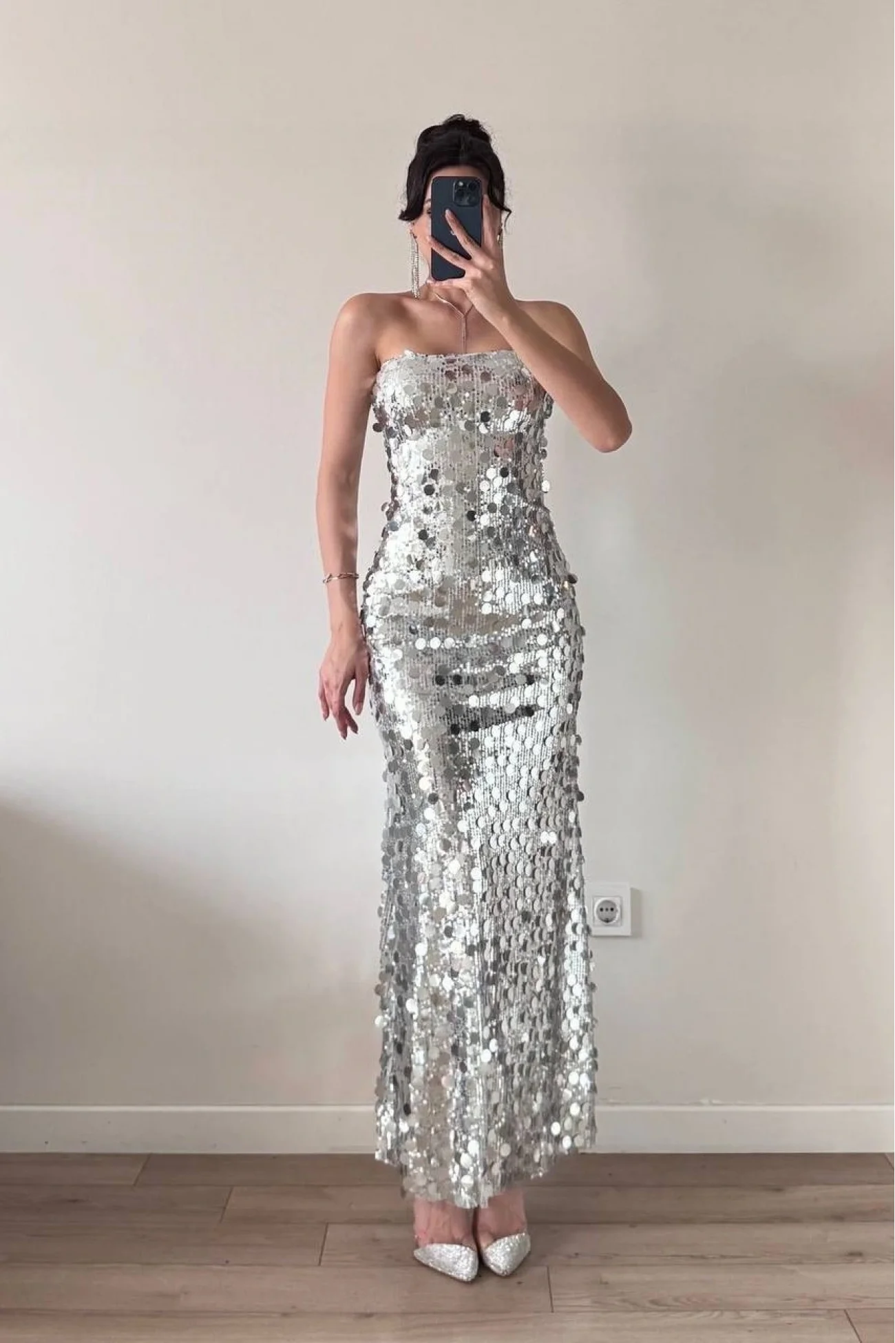 Kadın Gri Straplez PulPayet Elbise 1041-2719