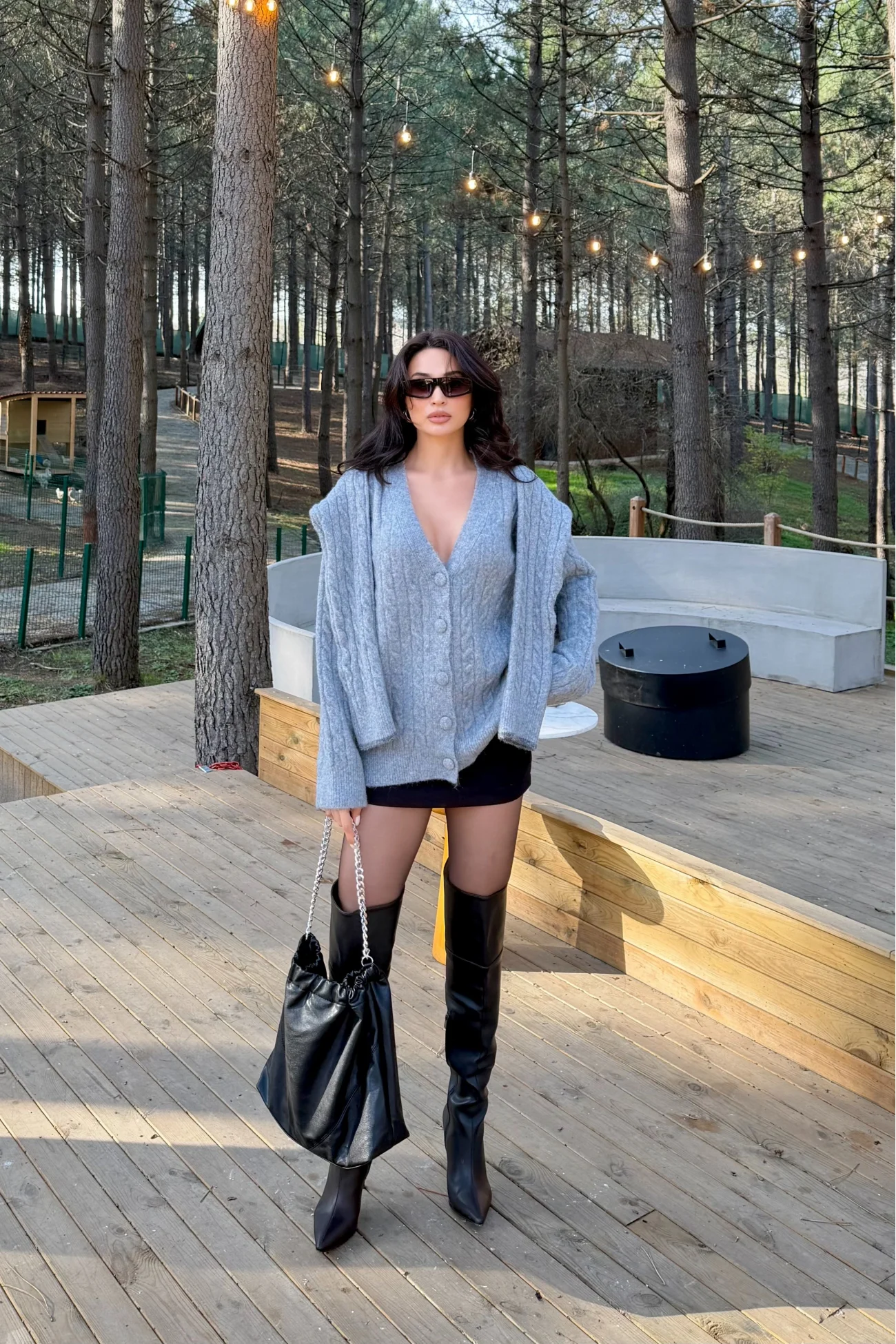 Kadın Gri Triko Düğme Oversize Hırka 1014-2561