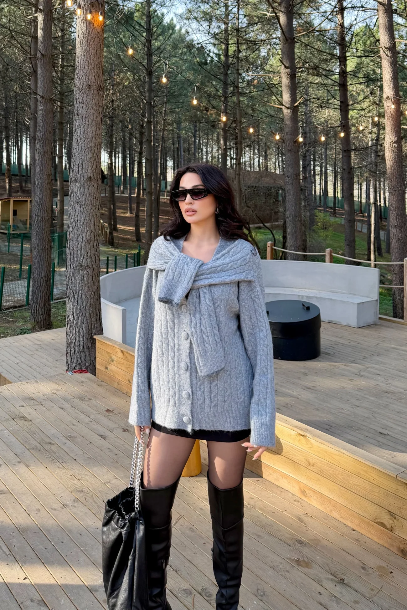 Kadın Gri Triko Düğme Oversize Hırka 1014-2561