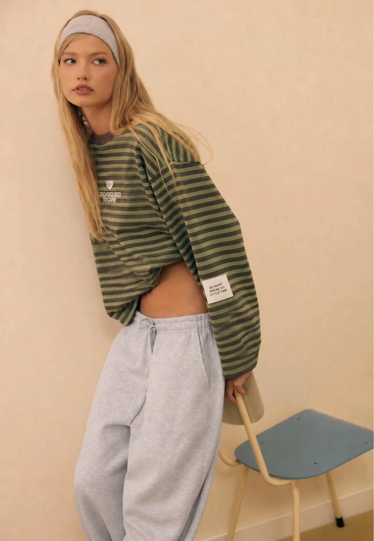 Kadın Haki Çizgili Üç İplik Şardonlu Sweatshirt 8899