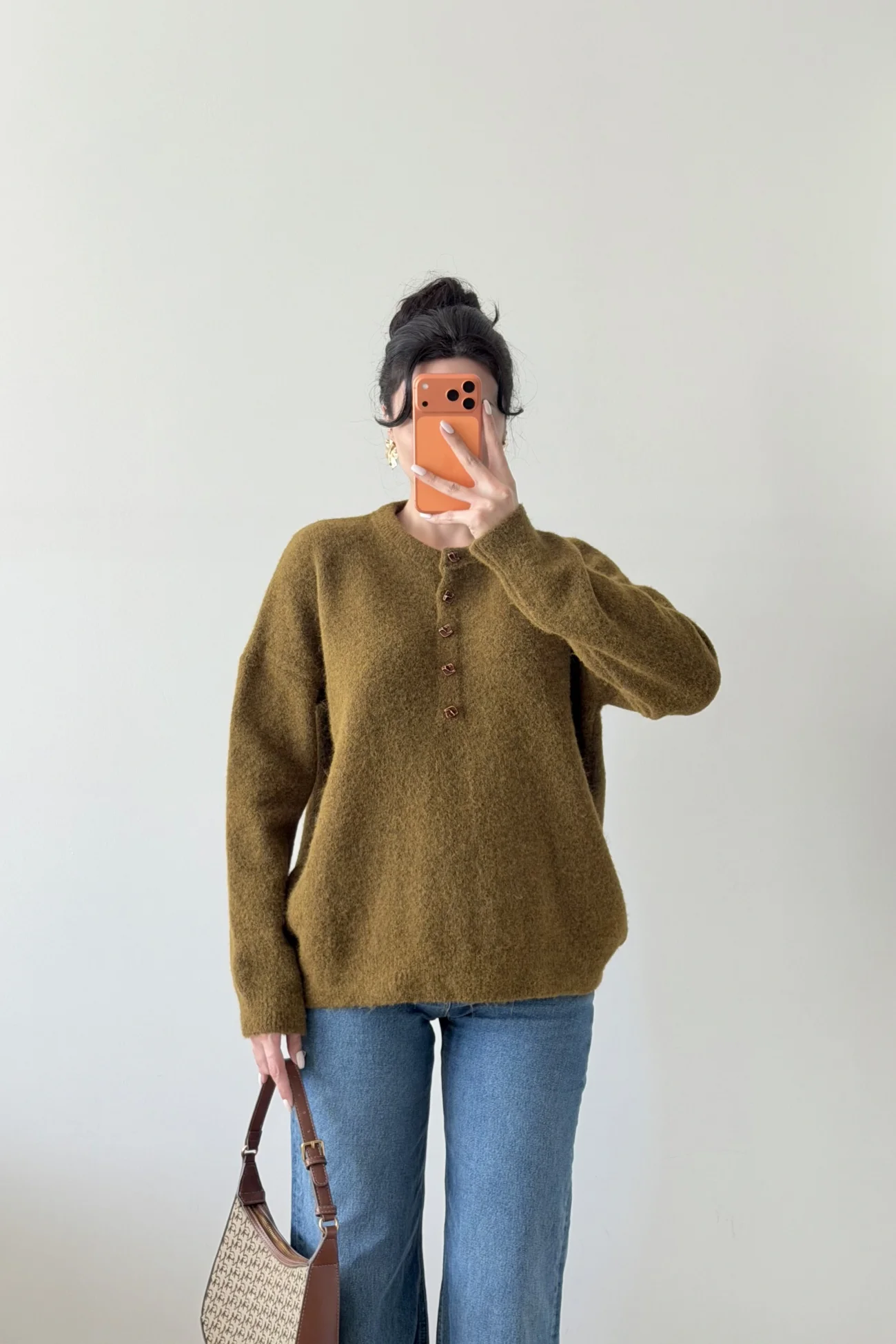 Kadın Haki Düğmeli Açık Yaka Kazak 1014-2464